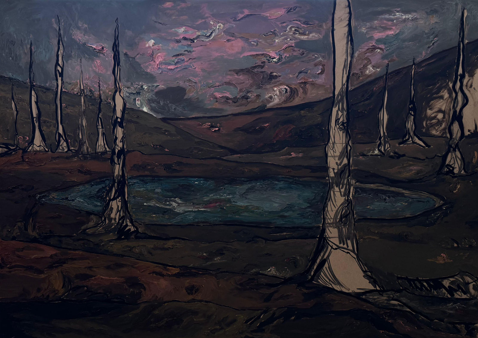 Maitha Abdalla Before Dawn, 2025 Oil and charcoal on wood 122 x 173 cm 48 x 68 1/8 in