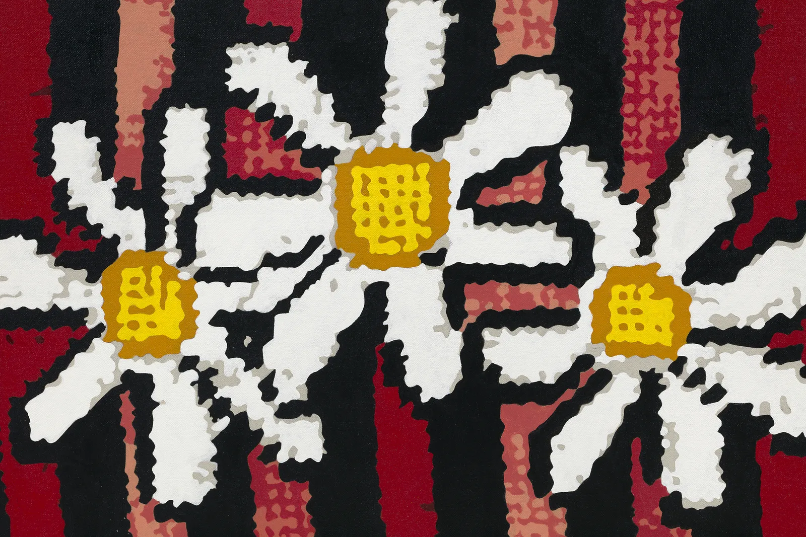 Detail of striped needlepoint painting with daisys against white wall