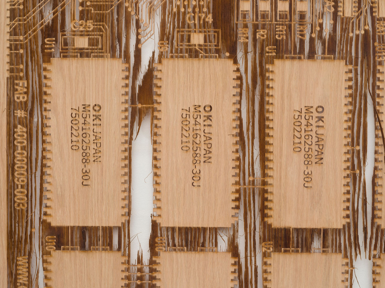 a detail of a laser sculpted wood sculpture on a white wall