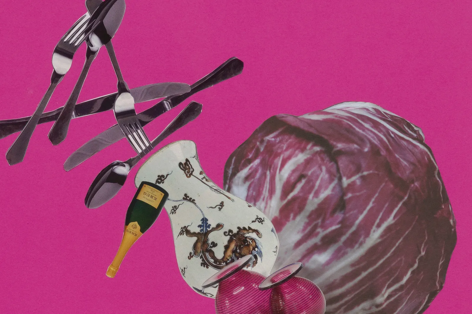 Image of Catachresis on paper #78 (head of radicchio, boca de jarro, teeth of the fork, neck of the bottle)