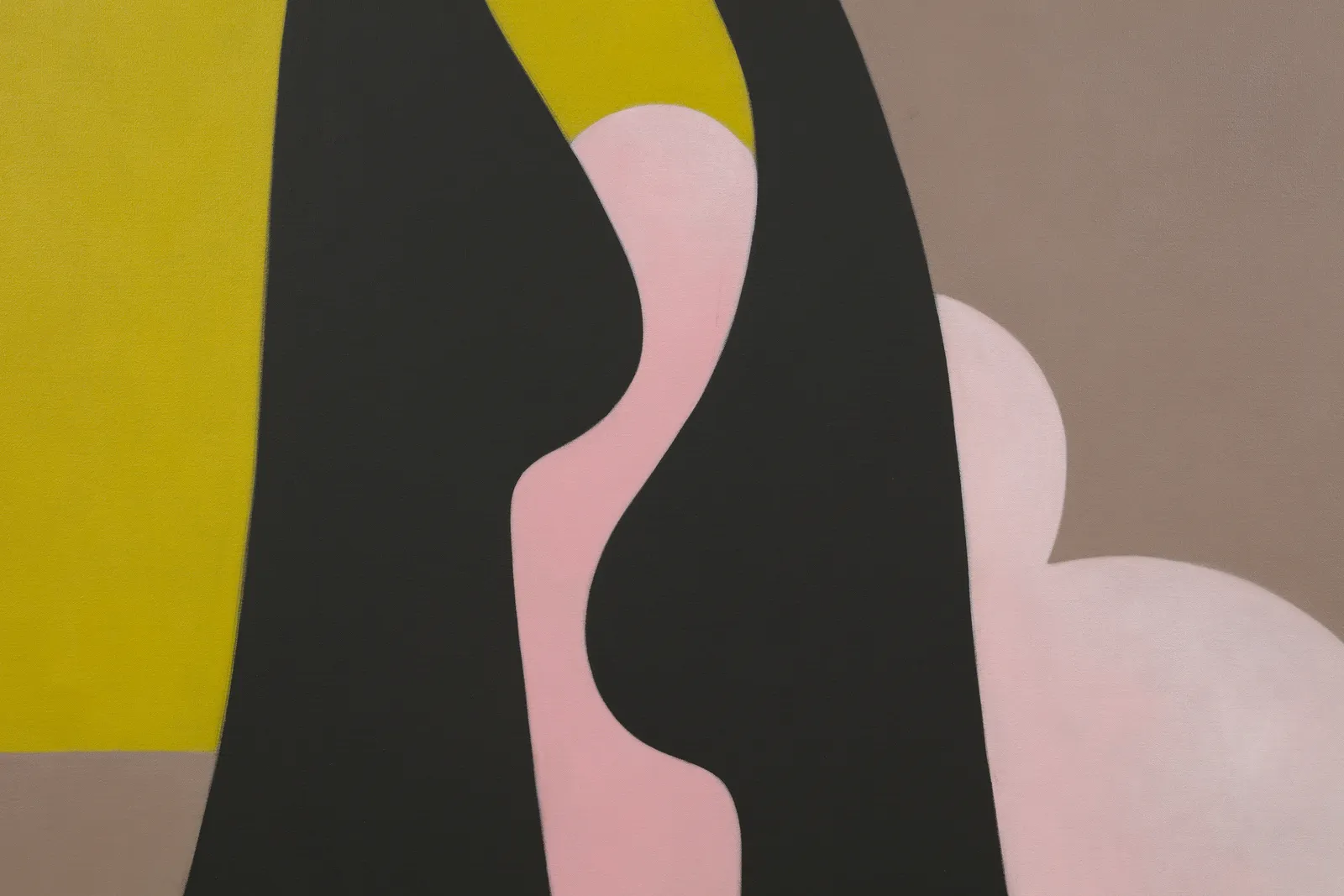 Detail of colorful graphic painting of legs against pink cloud and grid