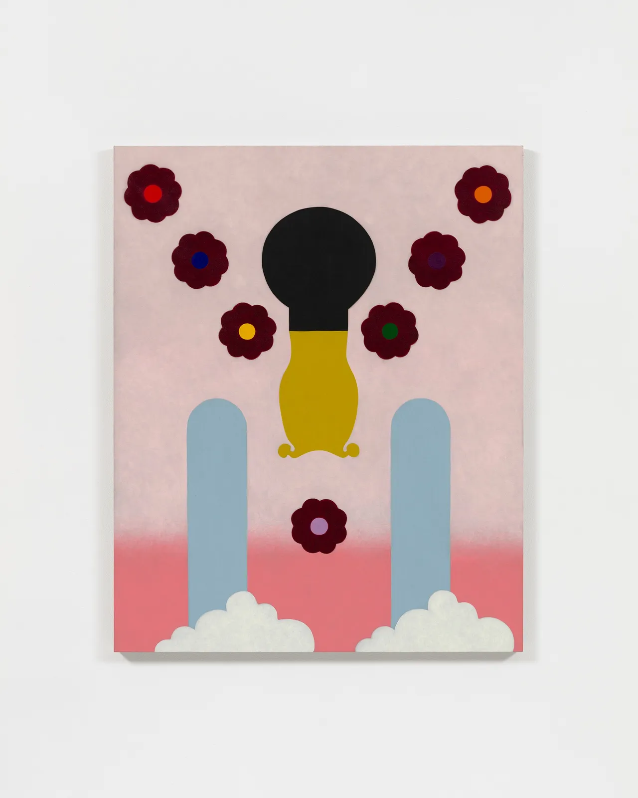 Colorful graphic painting with flowers and clouds against white wall