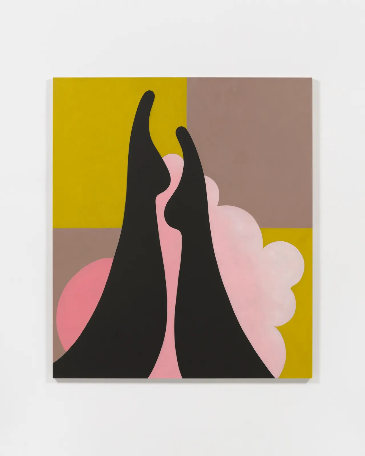 Colorful graphic painting of legs against pink cloud and grid, against white wall