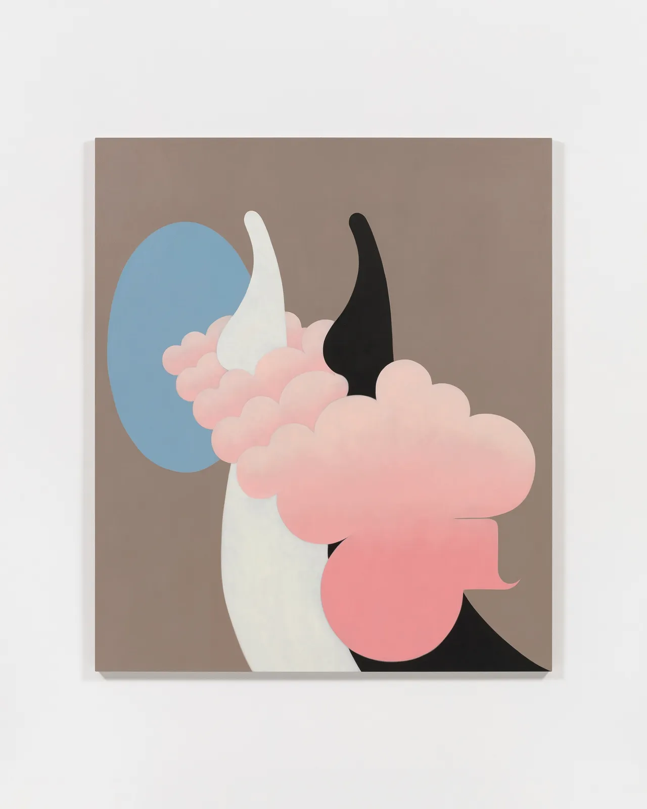 painting of legs against pink clouds and blue oval window