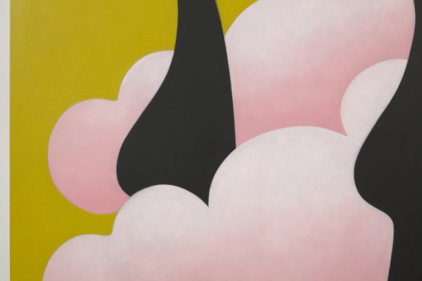 Detail of colorful graphic painting of legs against pink cloud and grid