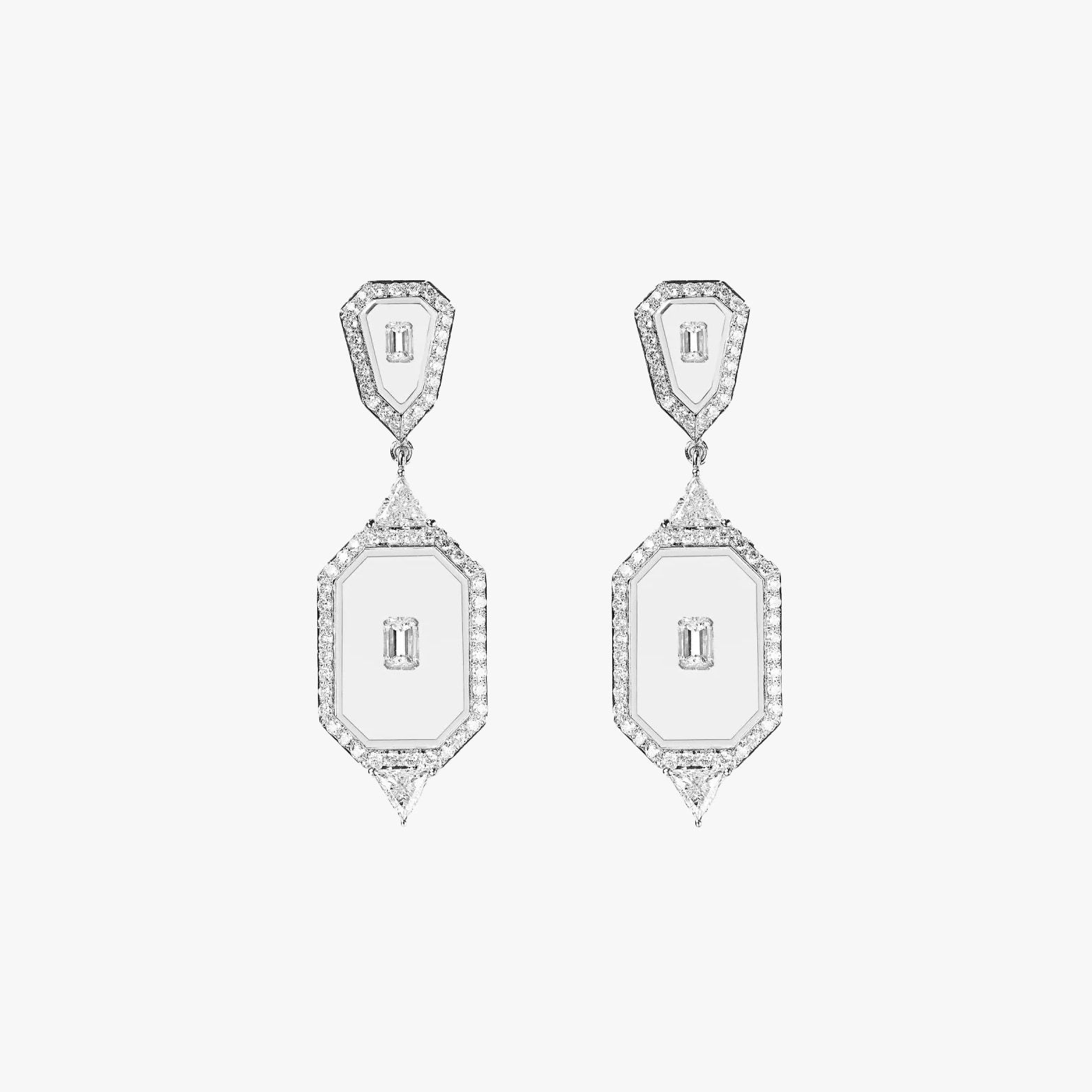 Nikos Koulis, Universe earrings with trillion and emerald cut diamonds