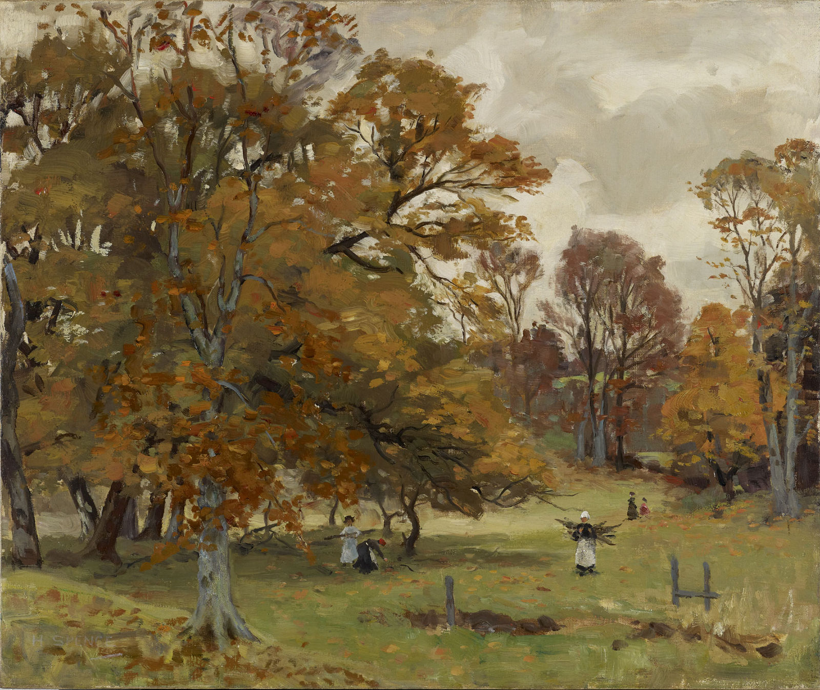 Harry Spence RSA, Wooded landscape with figures