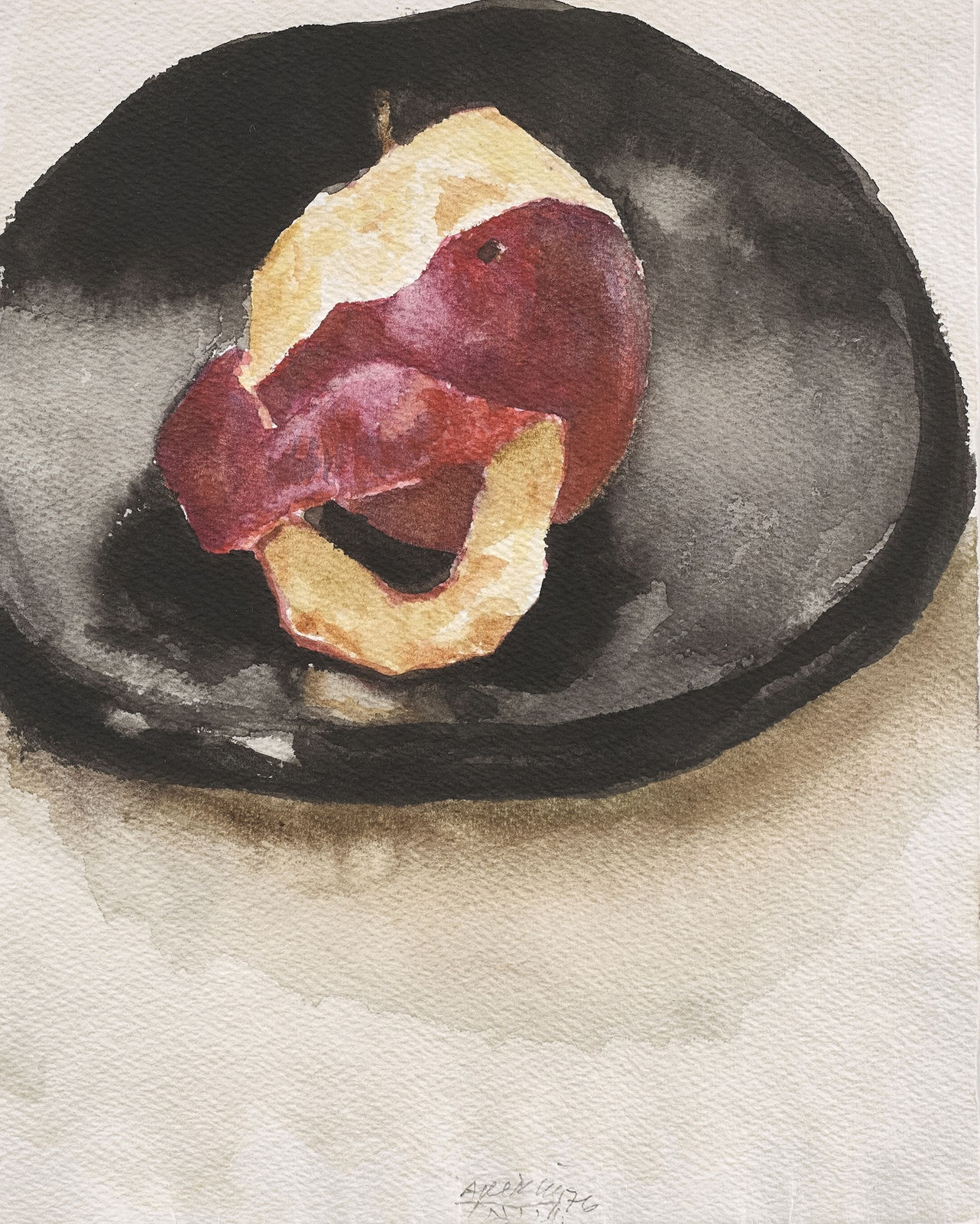 Avigdor Arikha, Apple, half-peeled on a black plate, 1976