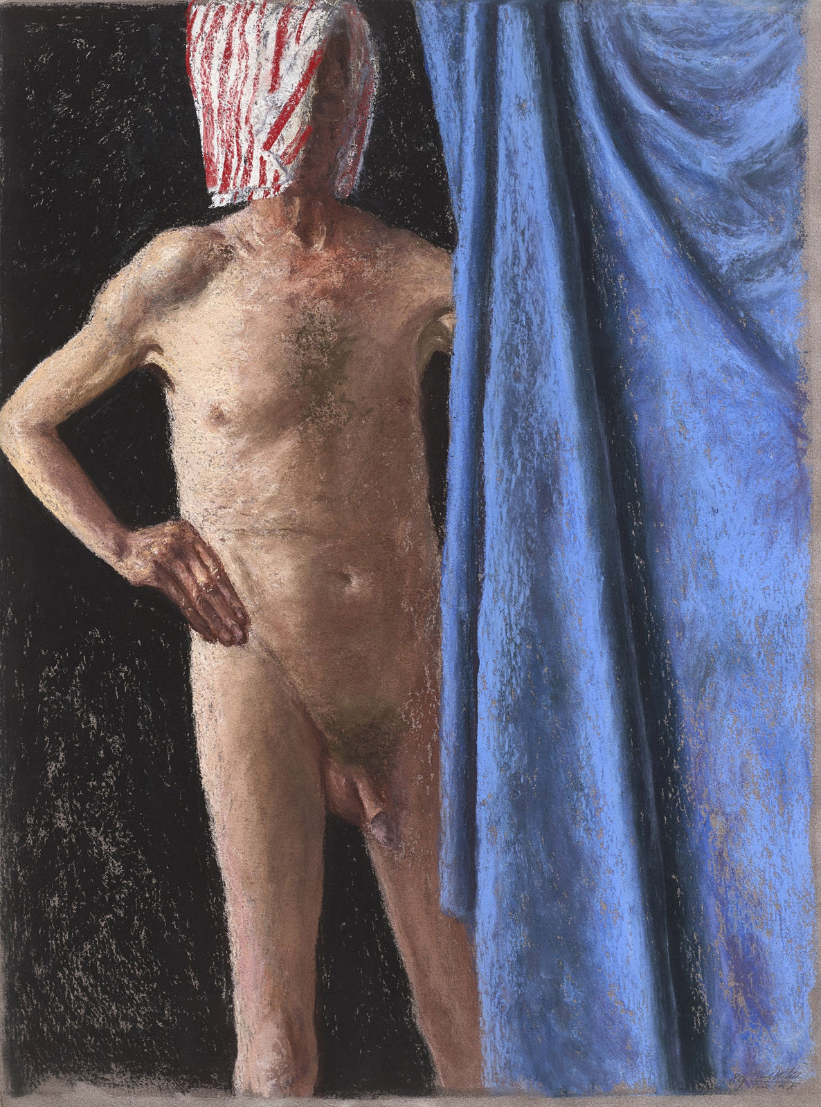 Avigdor Arikha, Self portrait with a blue sheet and towel on head, 1989