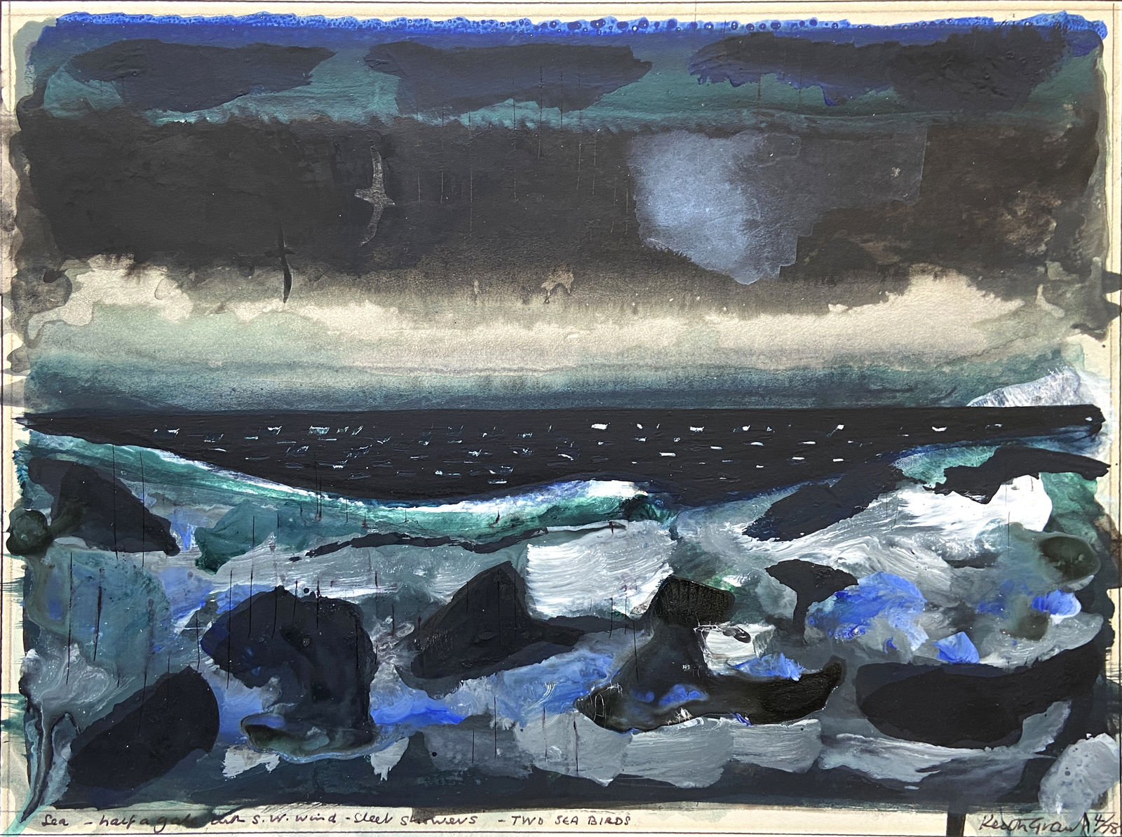 Keith Grant, Sea - Half a Gale with S.W. Wind - Sleet Showers - Two Sea Birds, 1978