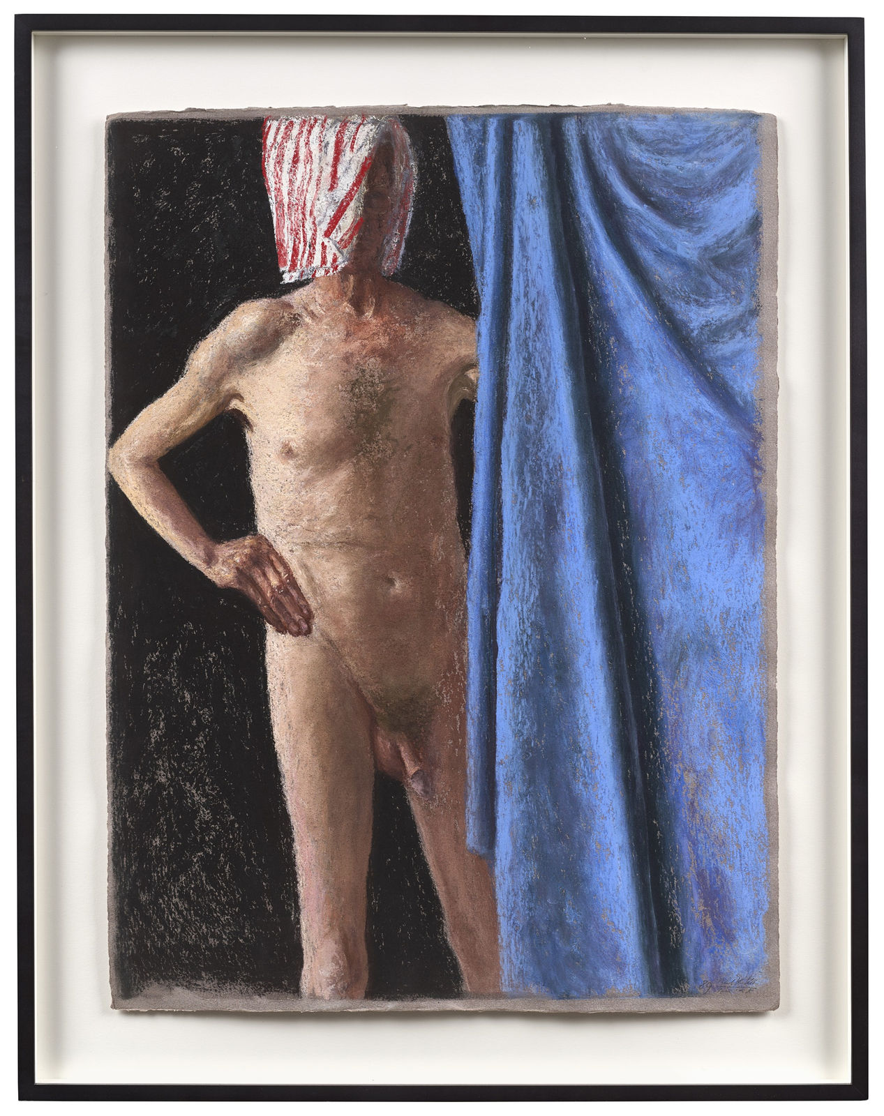 Avigdor Arikha, Self portrait with a blue sheet and towel on head, 1989