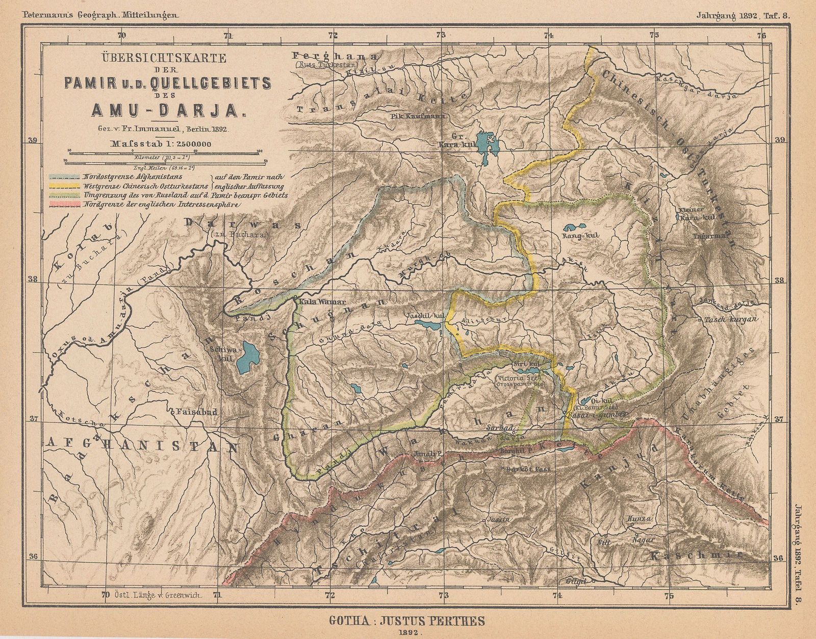 Justus Perthes, Pamir Mountains and the Amu Darya River, 1892