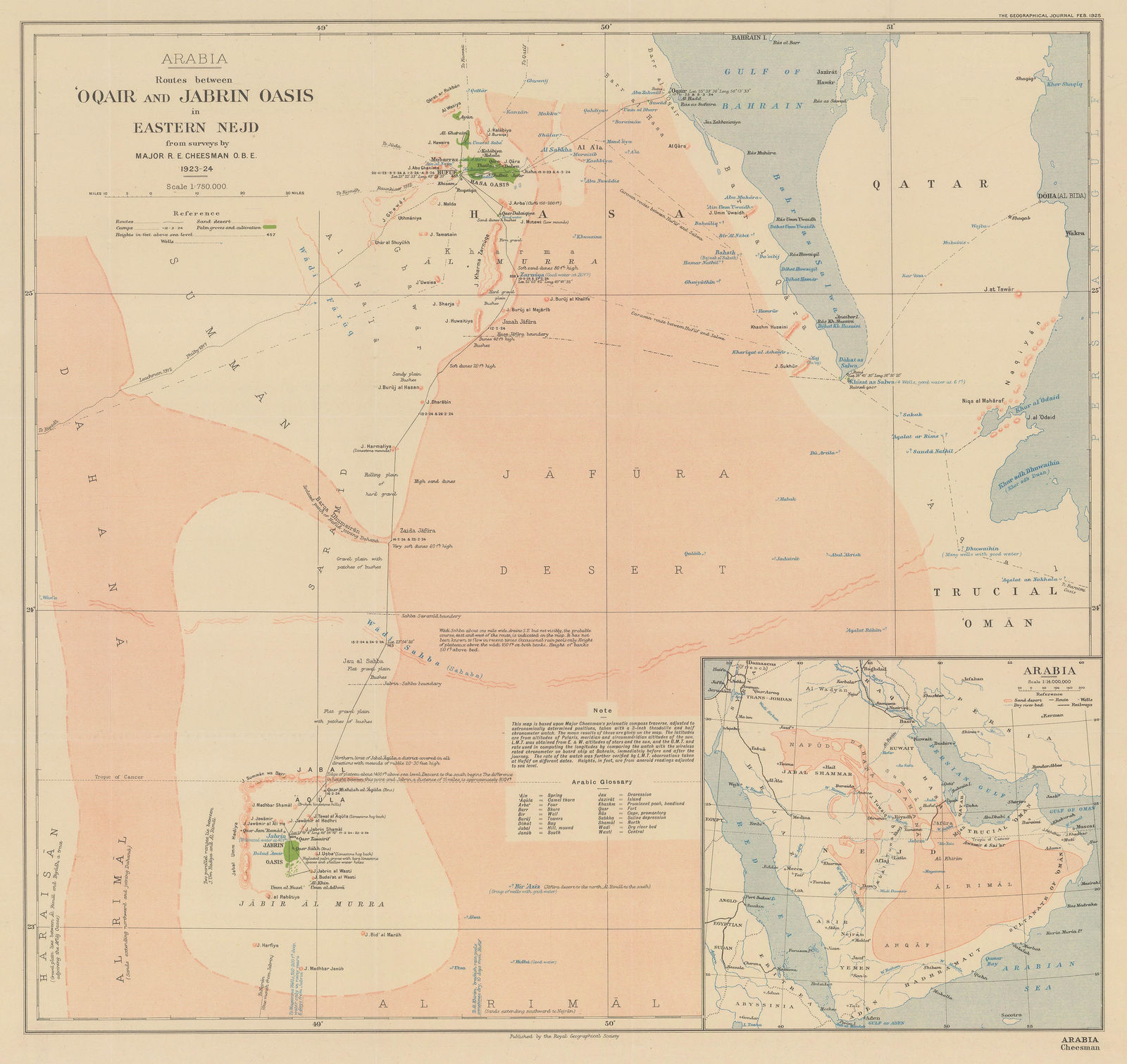 Royal Geographical Society (RGS), Arabia - Routes between 'Oqair and Jabrin Oasis in Eastern Nejd, 1925