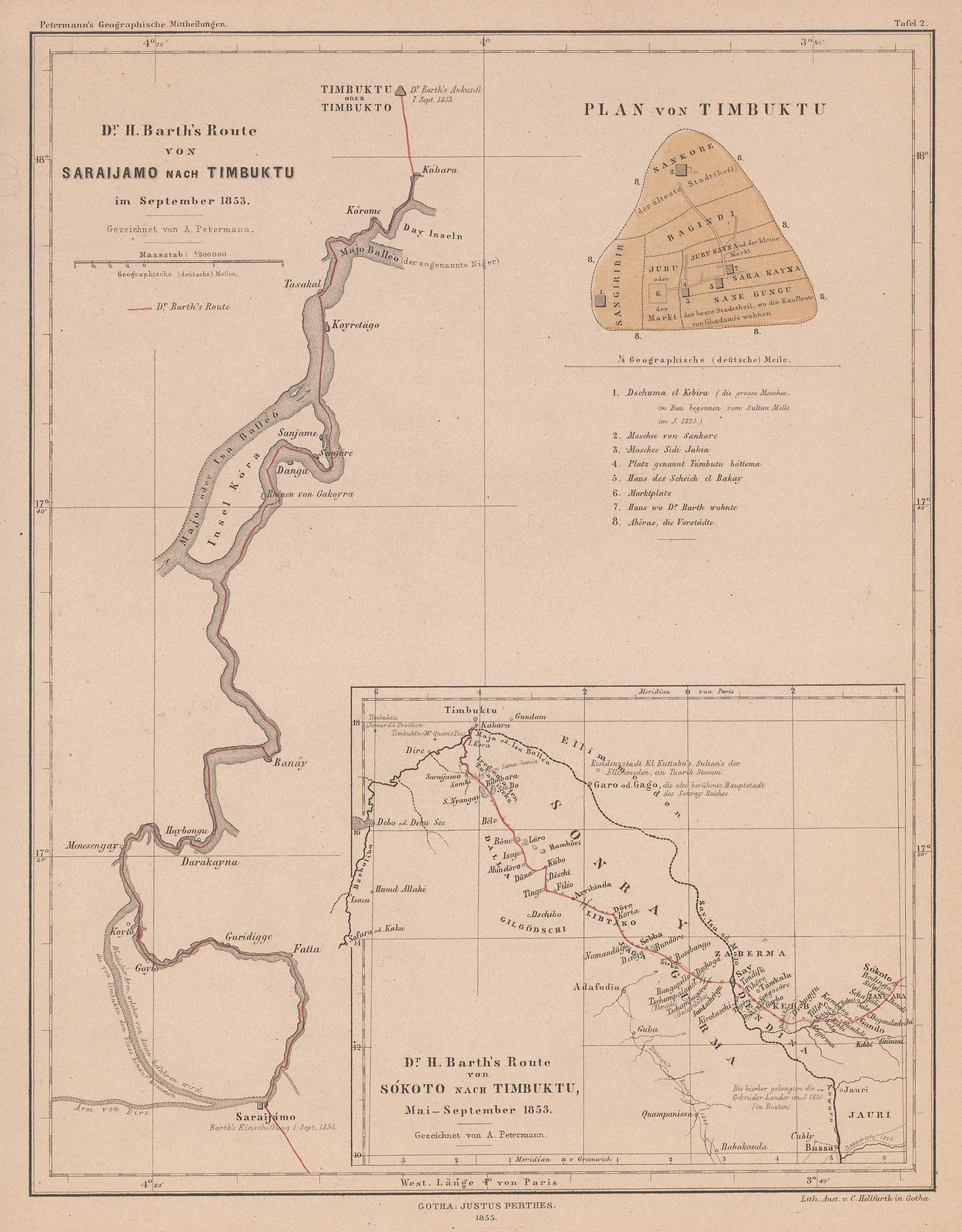 Justus Perthes, Heinrich Barth's Route from Saraijamo to Timbukto, 1855