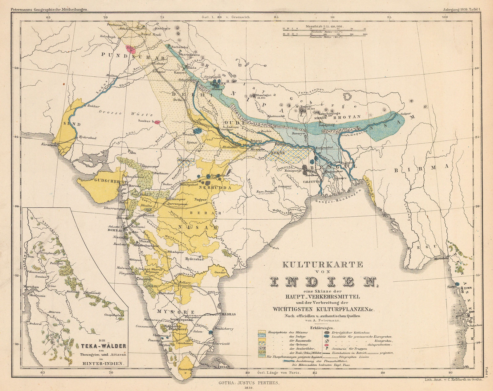 Justus Perthes, Commodity map of India, 1859