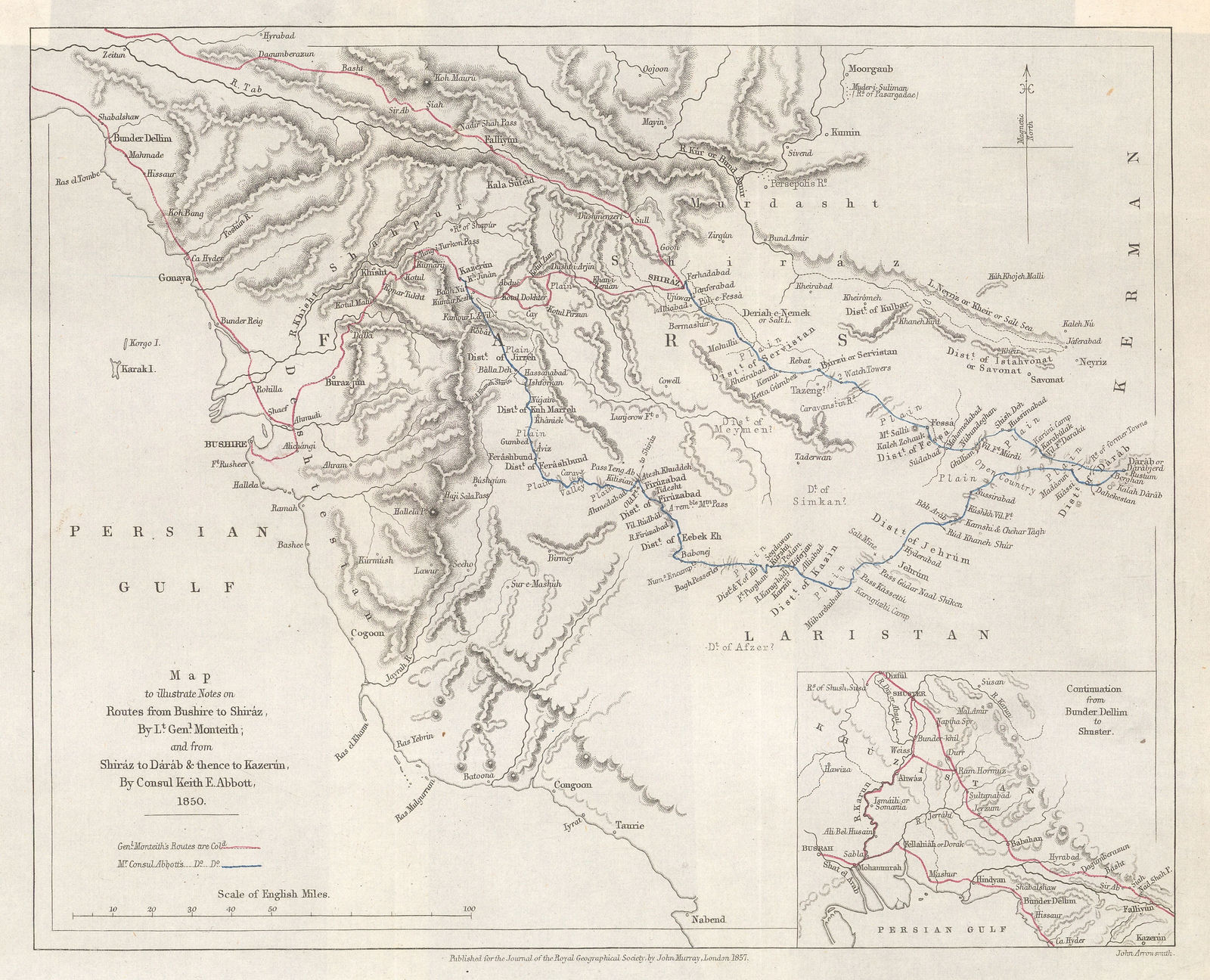 Royal Geographical Society (RGS), Map to Illustrate Notes on Routes from Bushire to Shiraz by Lt. Genl. Monteith and from Shiraz to Darab & thence to Kazerin by Consul Keith E.Abbott, 1857
