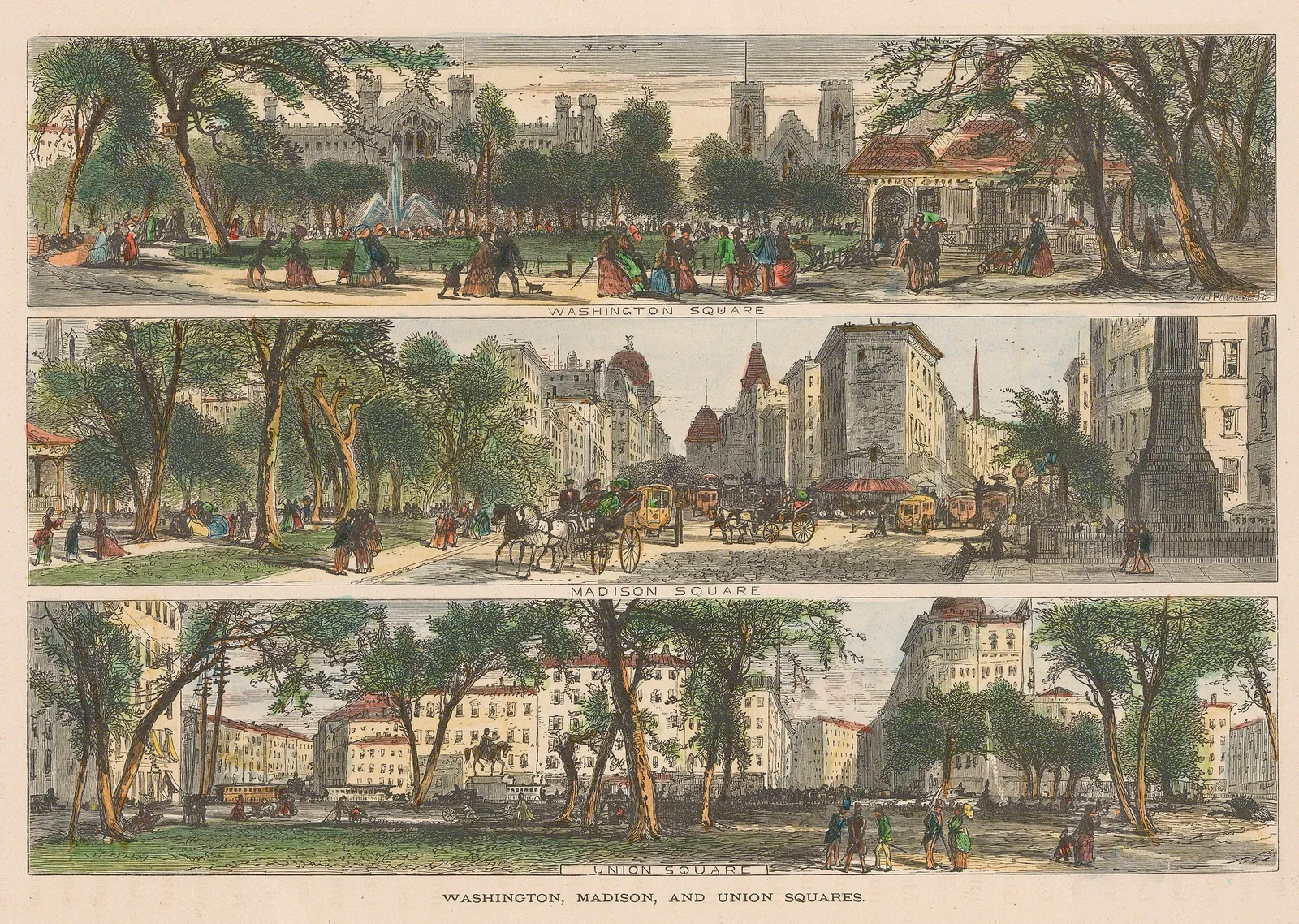 Picturesque America, New York City - Washington, Madison and Union Squares, 1874