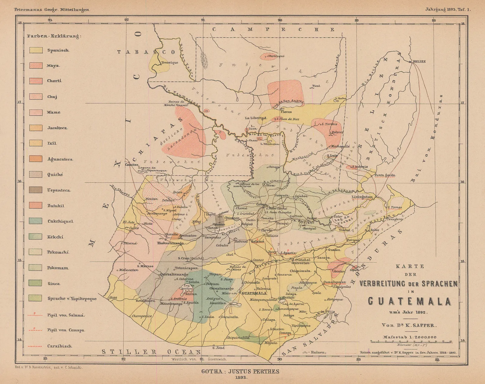 Justus Perthes, Linguistic map of Guatemala, 1893
