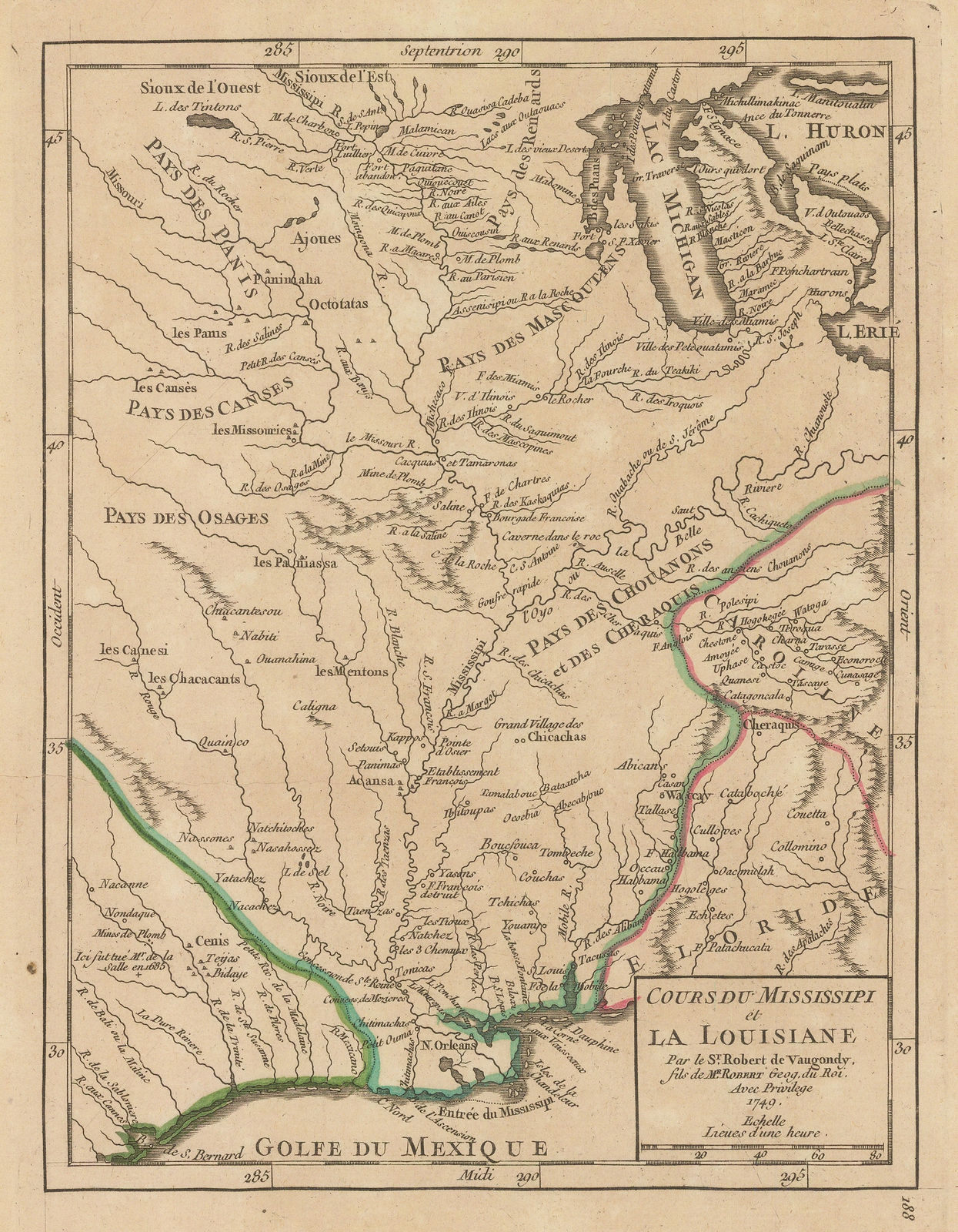 Robert de Vaugondy, French Louisiana and the course of the Mississippi River, 1749