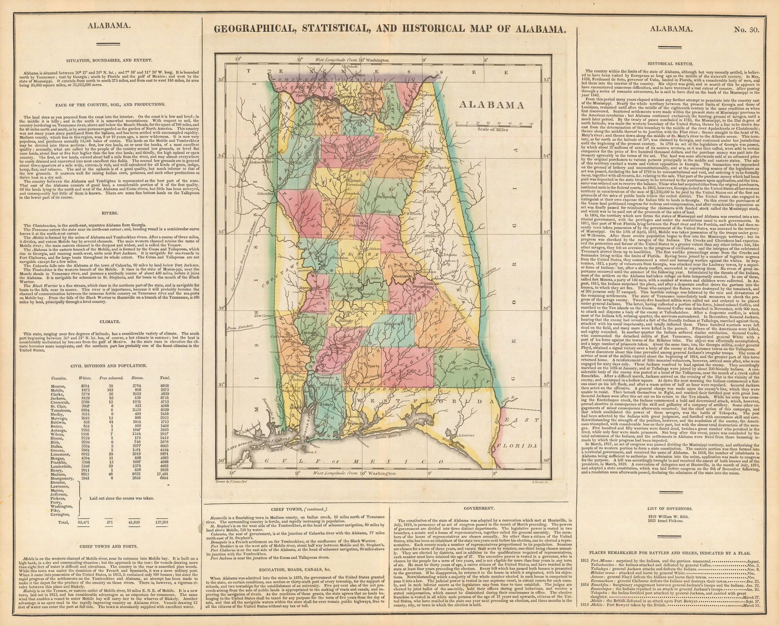 Carey & Lea, Geographical, Statistical and Historical map of Alabama, 1822