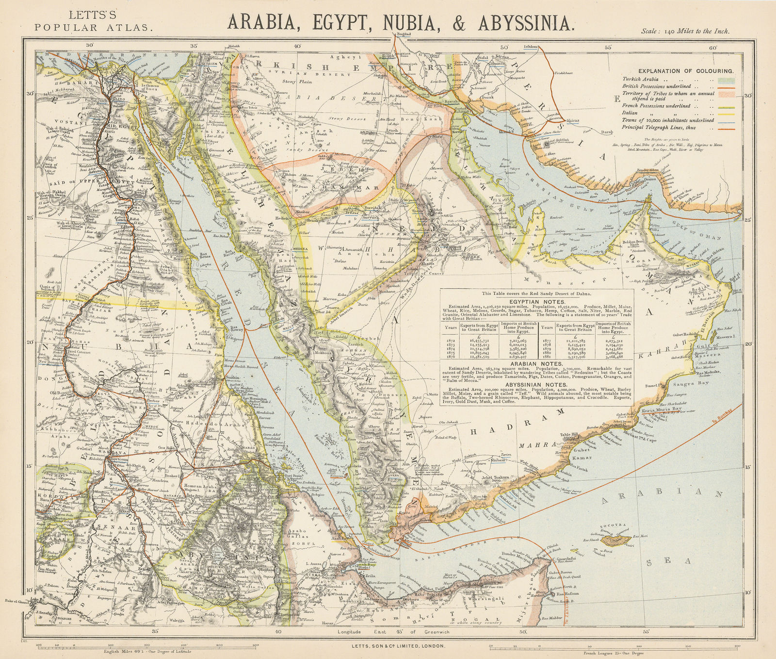 Letts & Son, Arabia, Egypt, Nubia & Abyssina, 1882