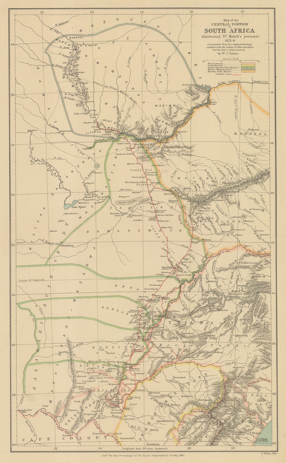 Royal Geographical Society (RGS), Map of the Central Portion of South Africa Illustrating Dr. Holub's Journeys 1873-9, 1880