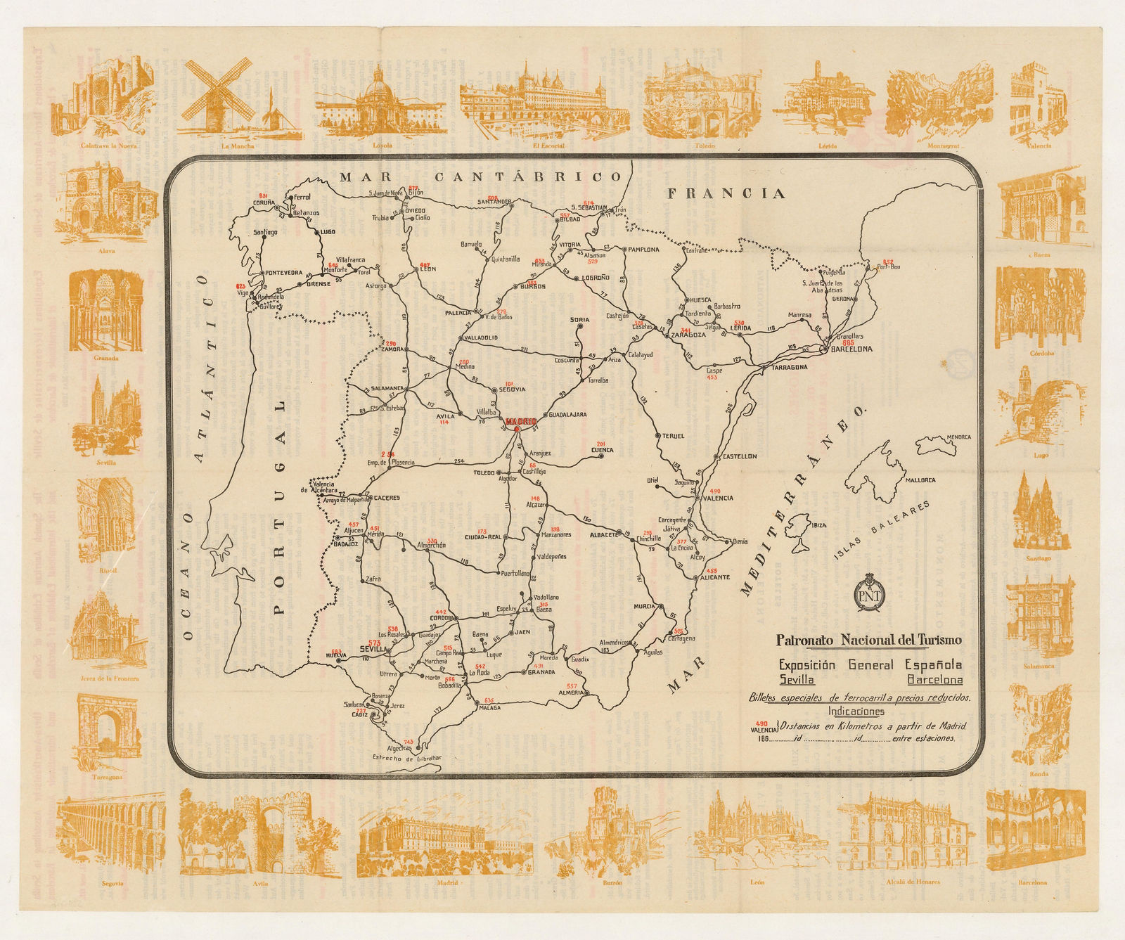 Patronato Nacional del Turismo (P.N.T), Vintage railway map of Spain, 1928 c.