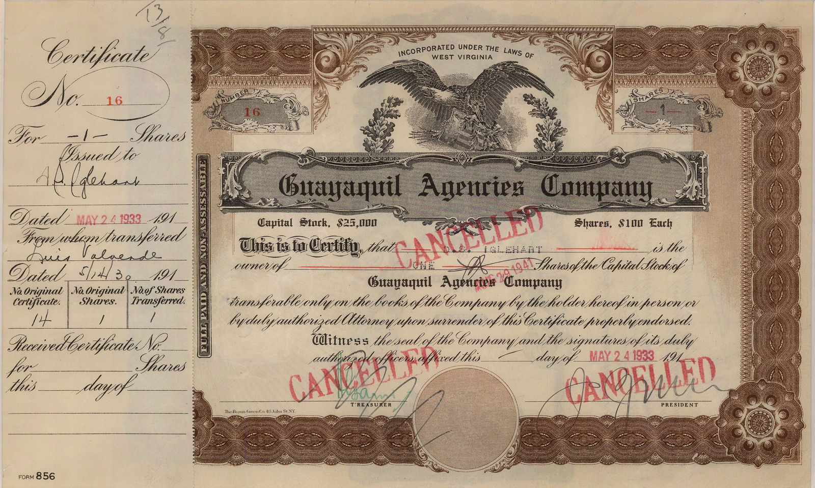 Guayaquil Agencies, Stocks & Bonds - Ecuador, Guayaquil Agencies Company., 1933