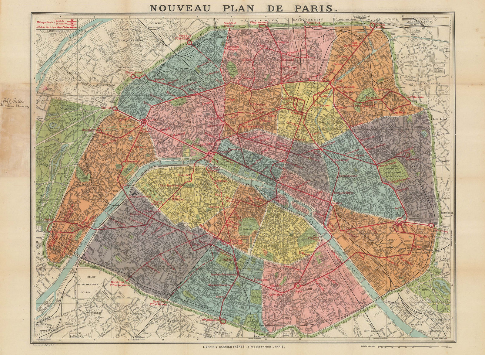Garnier Frères, Railway map of Paris, 1920 c.