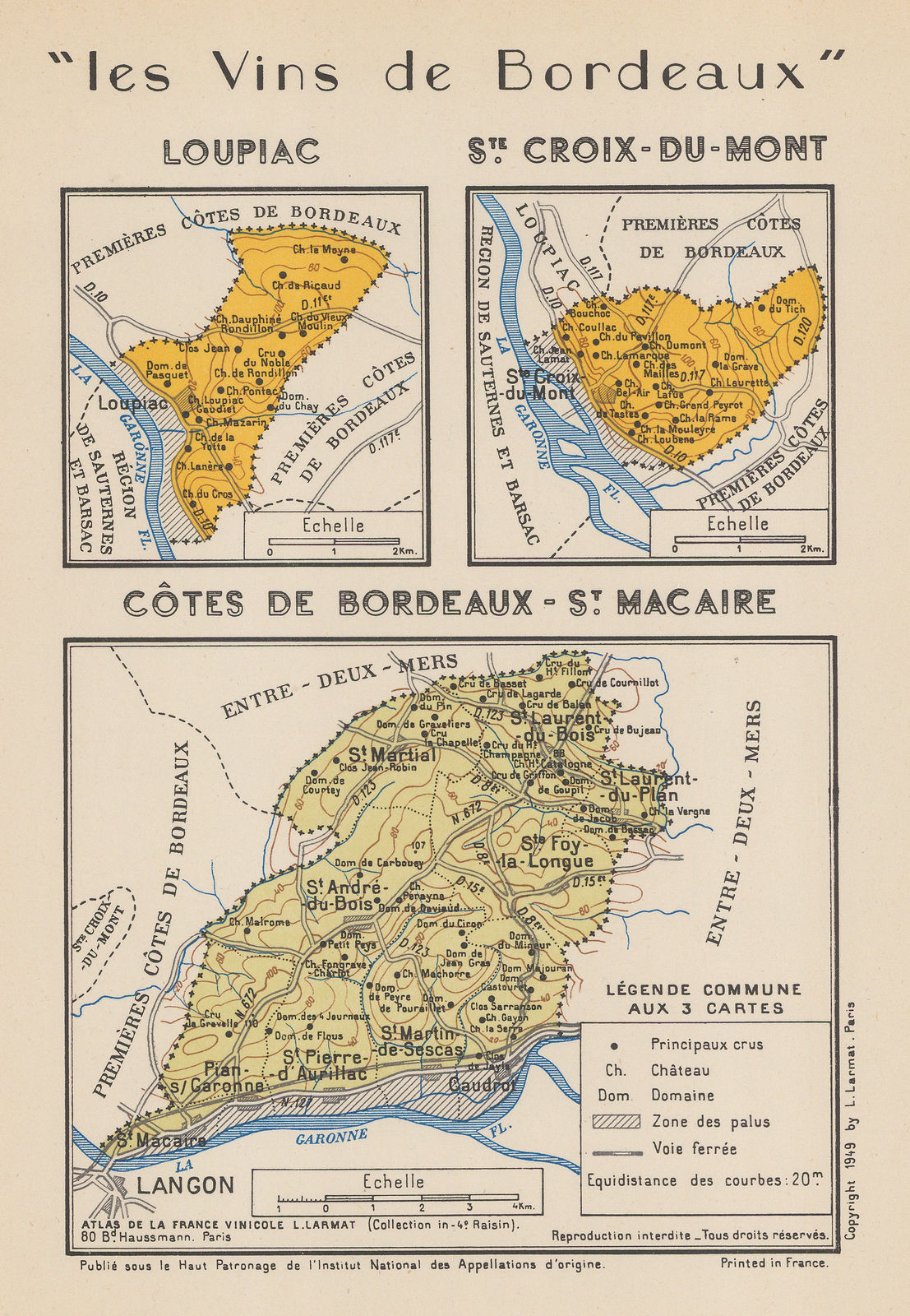 Louis Larmat, Wine map of Loupiac, Ste. Croix-du-Mont, Cotes de Bordeaux - St. Macaire, Bordeaux, 1949