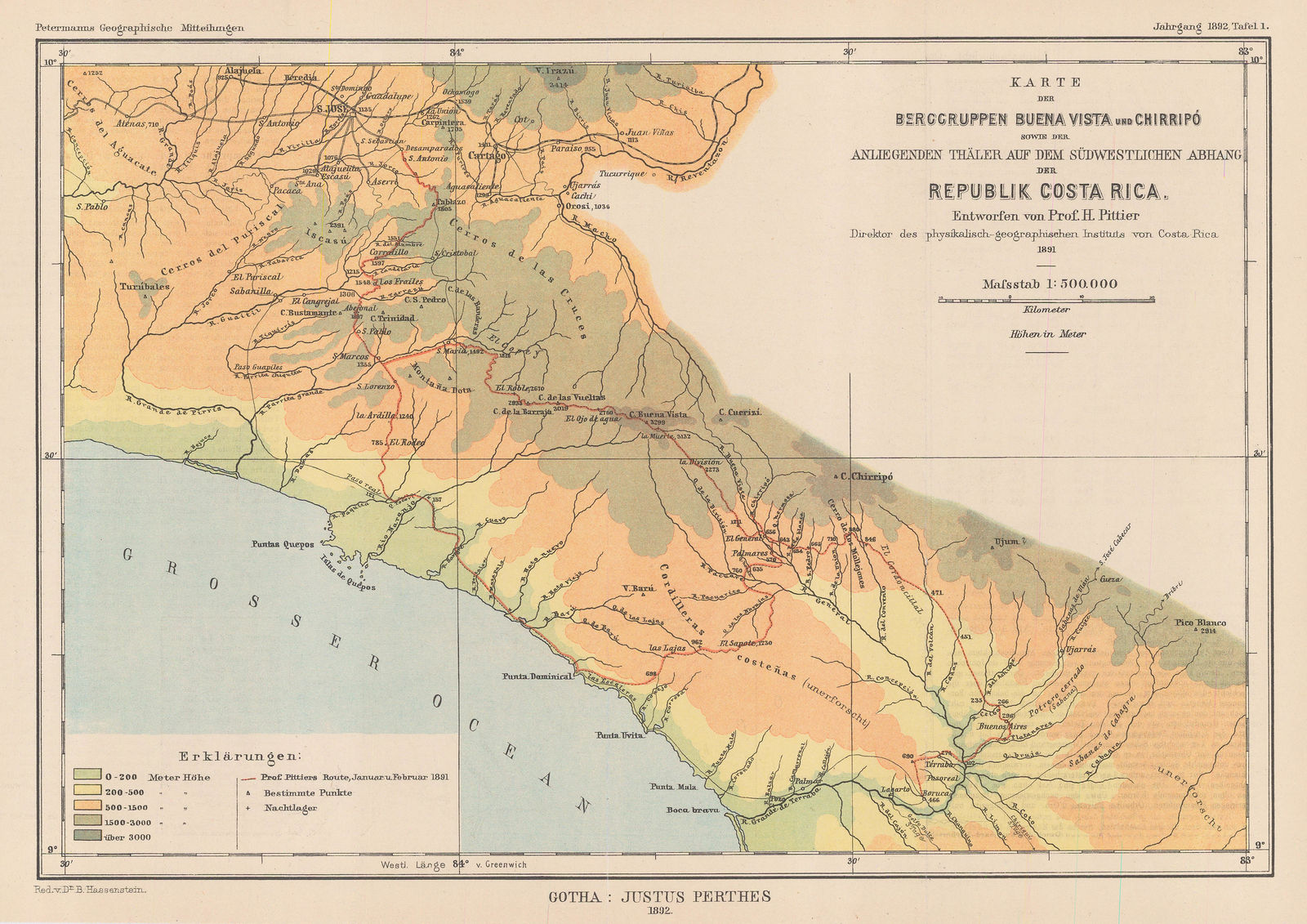 Justus Perthes, Route of an expedition to the Buena Vista Mountains and Cerro Chirripo, Costa Rica, 1892