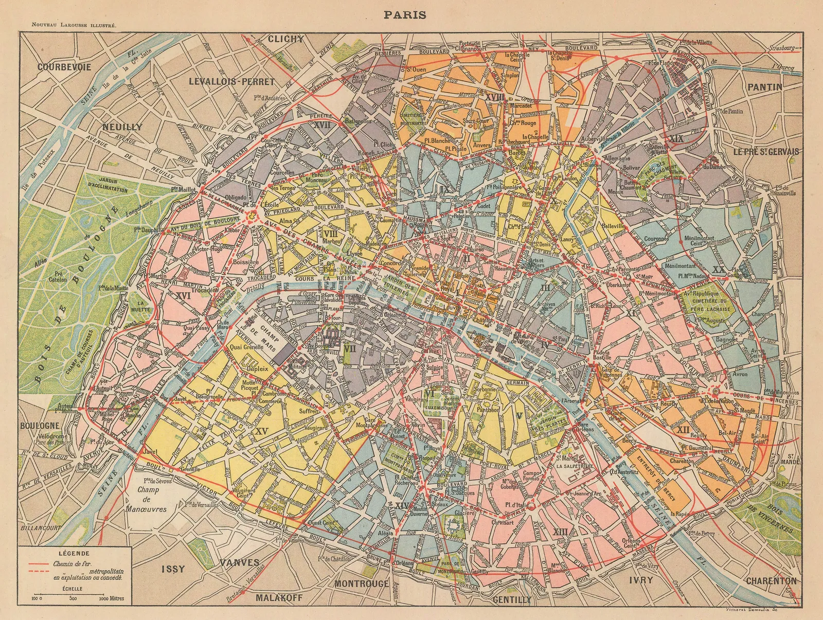 Larousse, Paris divided into Arrondissements, 1910 c