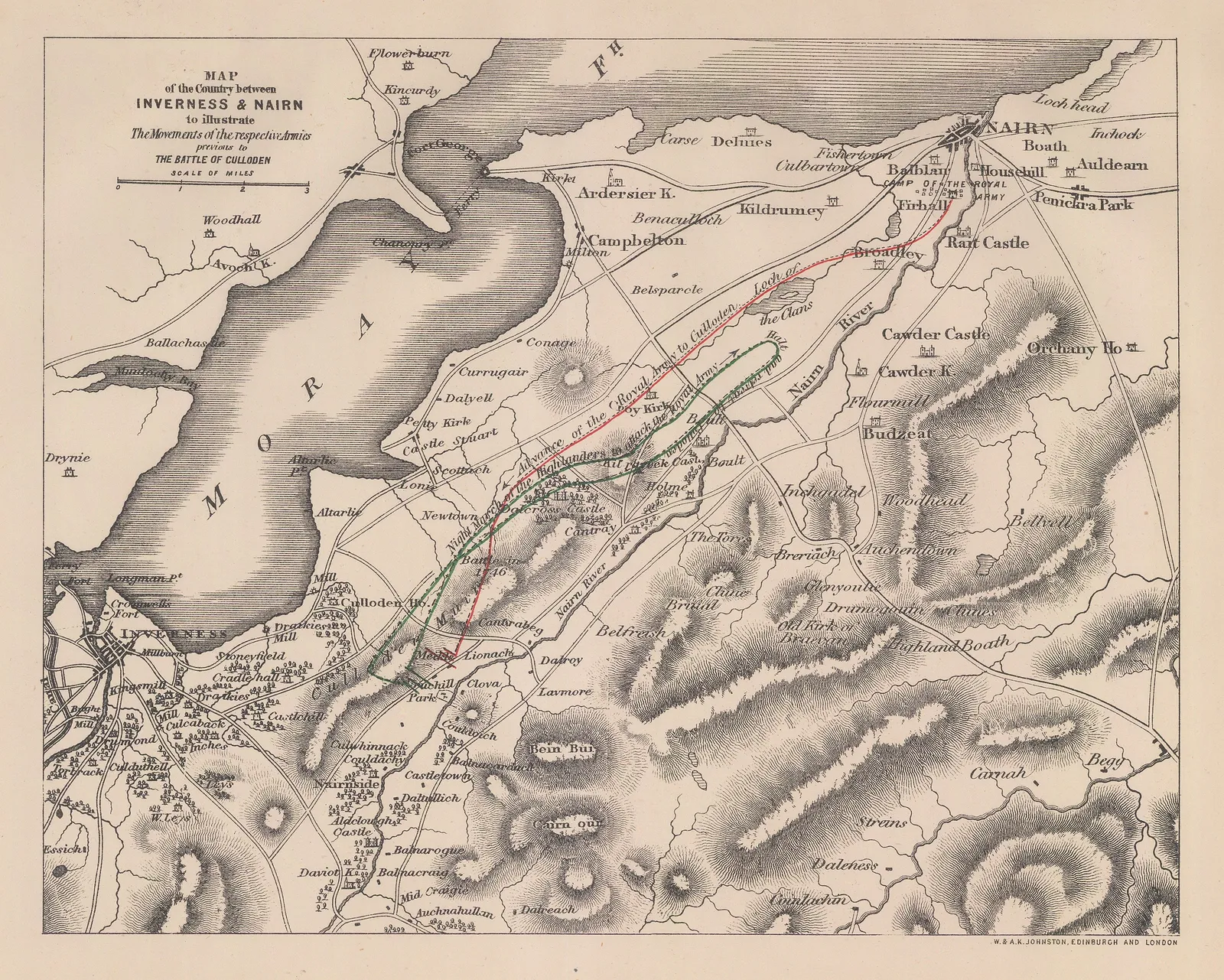 W. & A.K. Johnston, Map of the Country between Inverness & Nairn to illustrate the Movements of the respective Armies previous to the Battle of Culloden, 1873