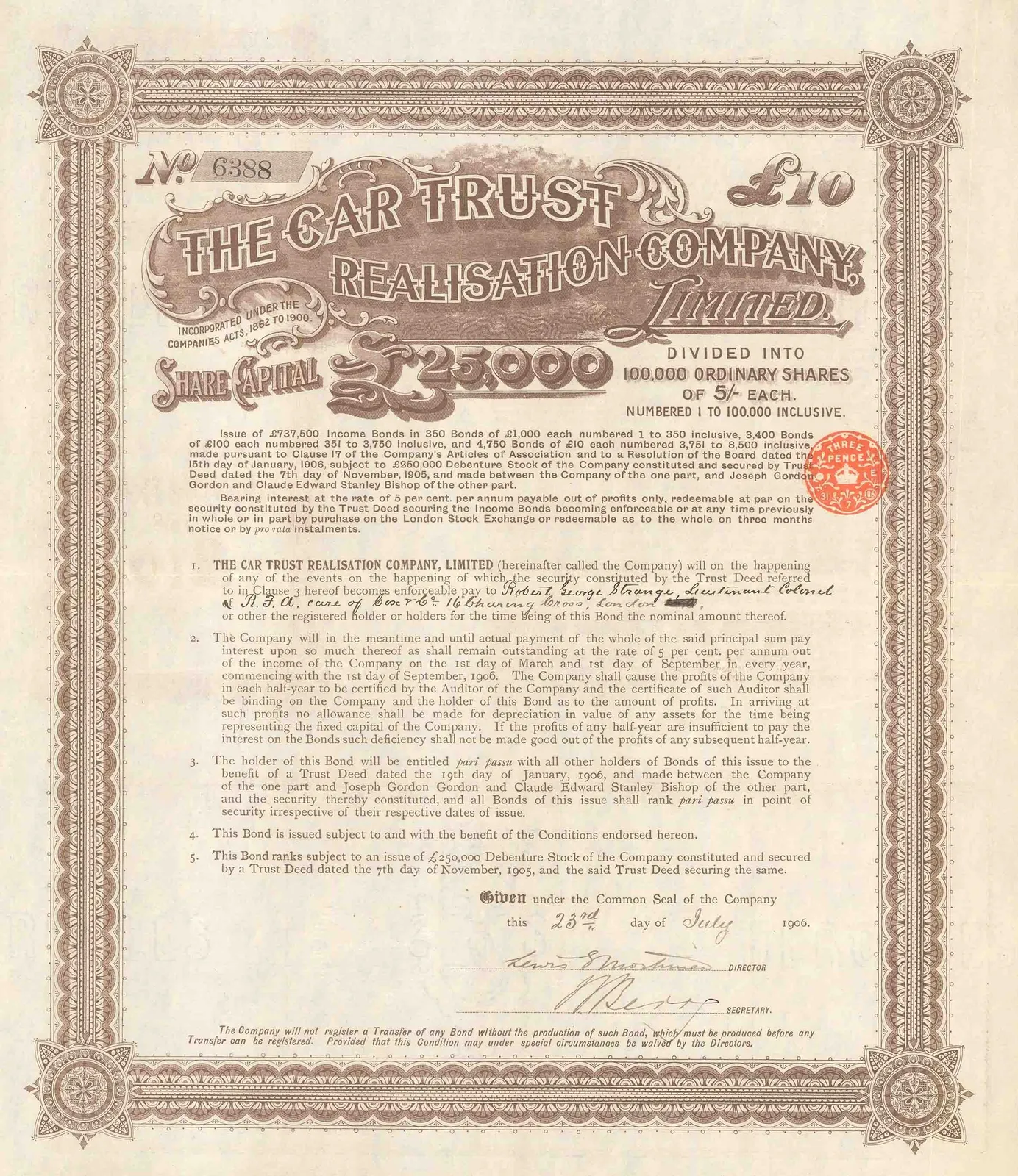 Car Trust Realisation Company, Ltd., Stocks & Bonds - Great Britain, Car Trust Realisation Company, 1906