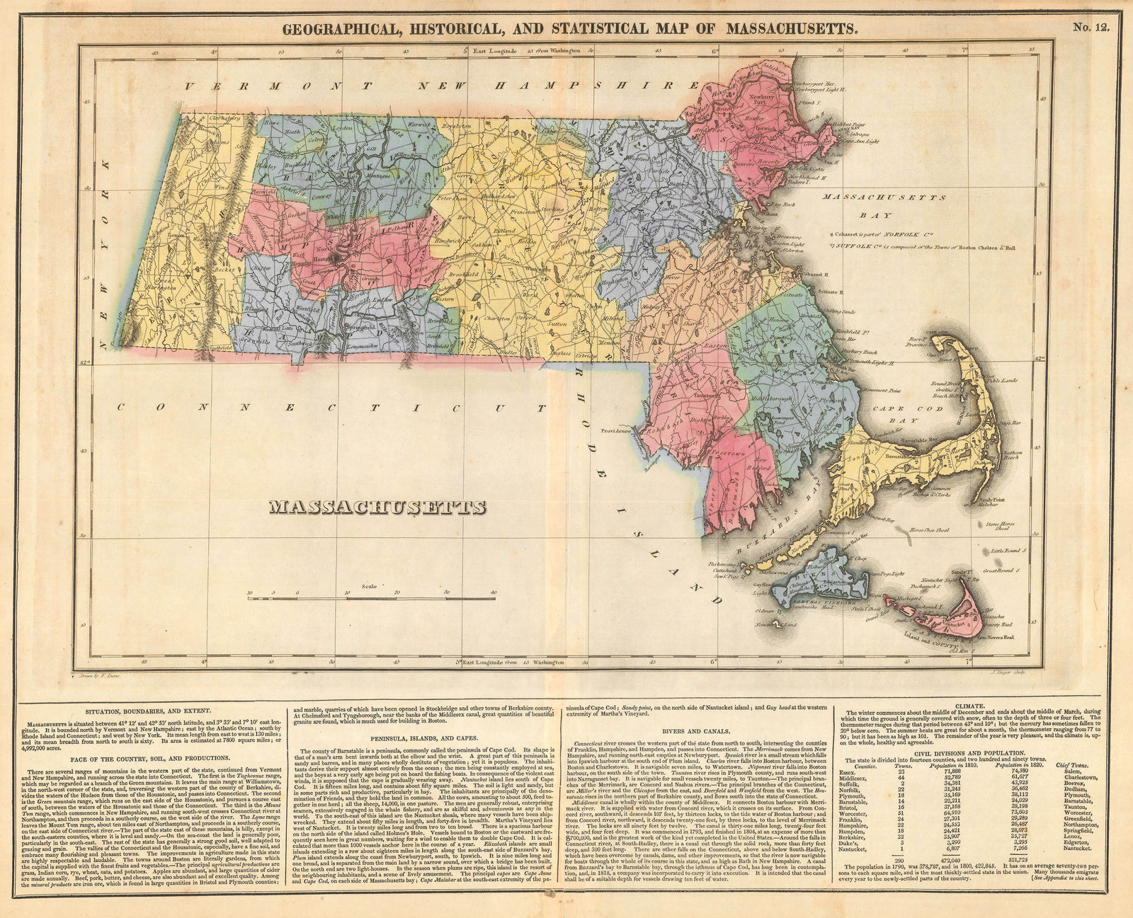 Carey & Lea, Geographical, Statistical and Historical map of Massachusetts, 1822