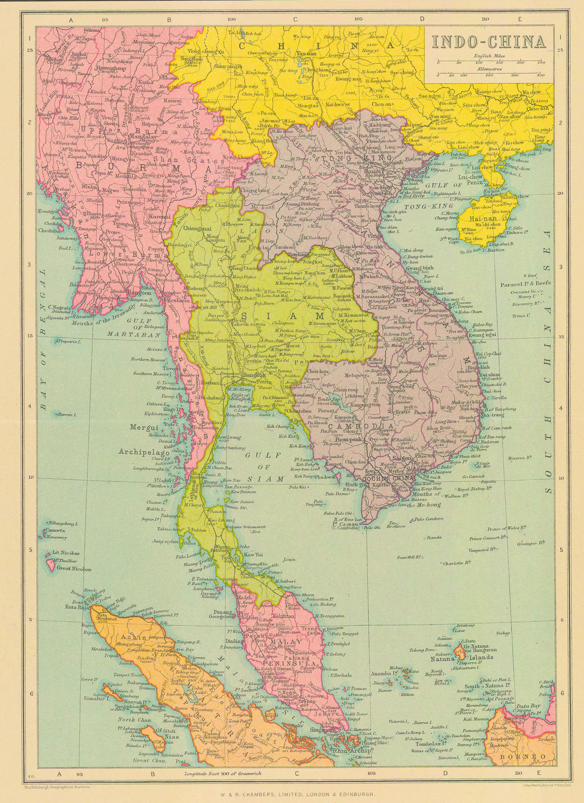 John Bartholomew & Co., Political map of Myanmar, Thailand, Cambodia, Vietnam, Laos, and Malaysia, 1900 c