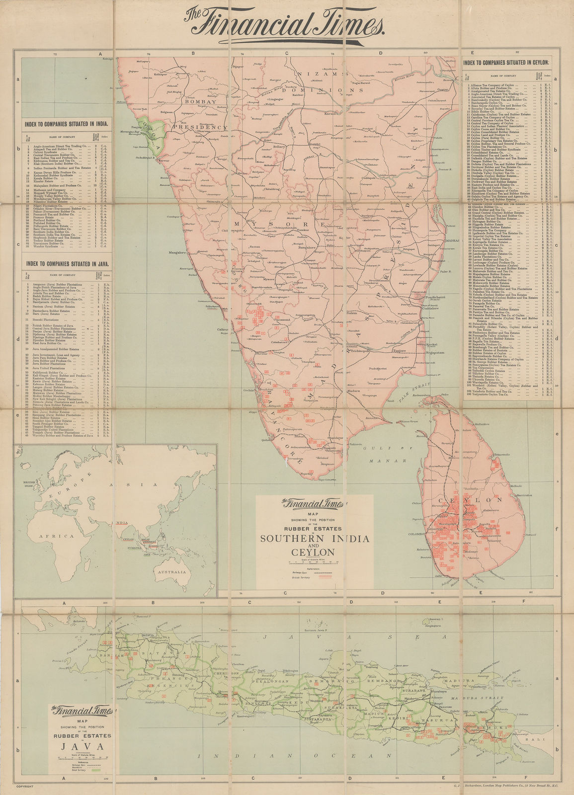 The Financial Times, Map Showing the Position of the Rubber Estates in South India and Ceylon, 1920 c.