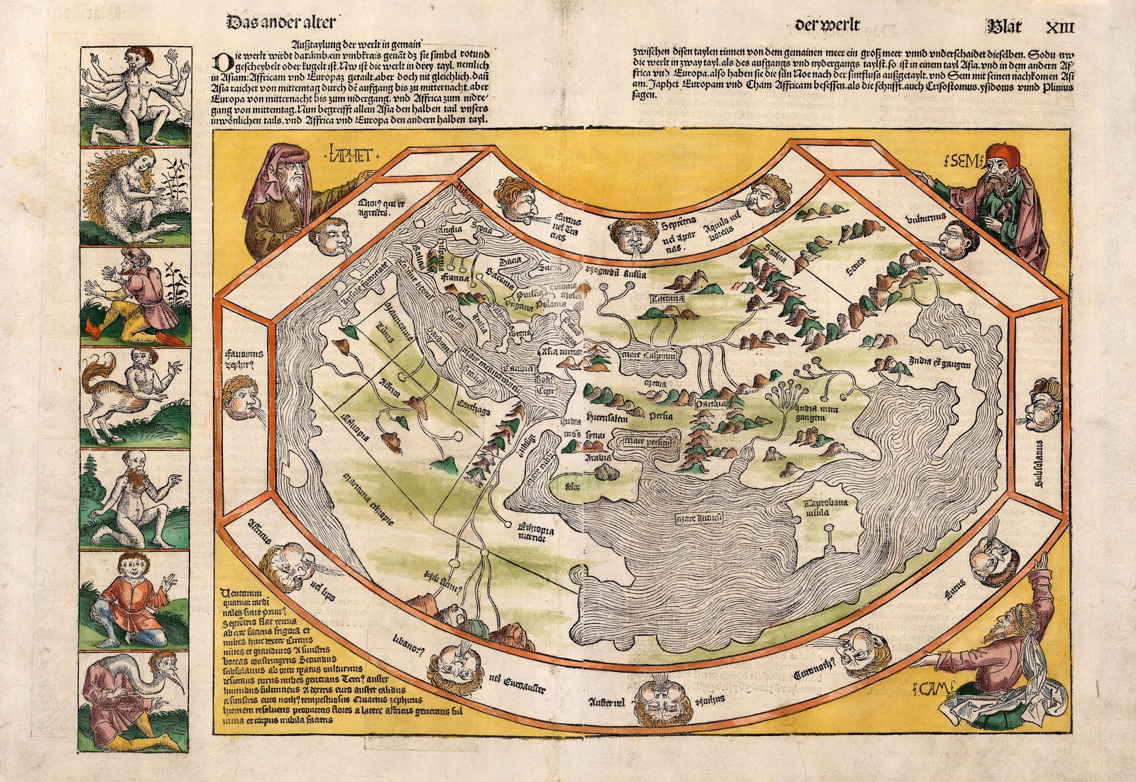 Hartmann Schedel, Ptolemaic World Map with Mythical Creatures, 1493