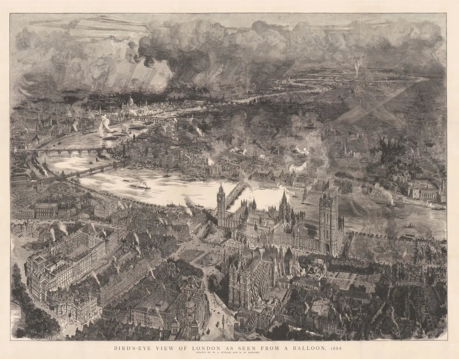 The Graphic Magazine, London - Balloon View over London, 1884