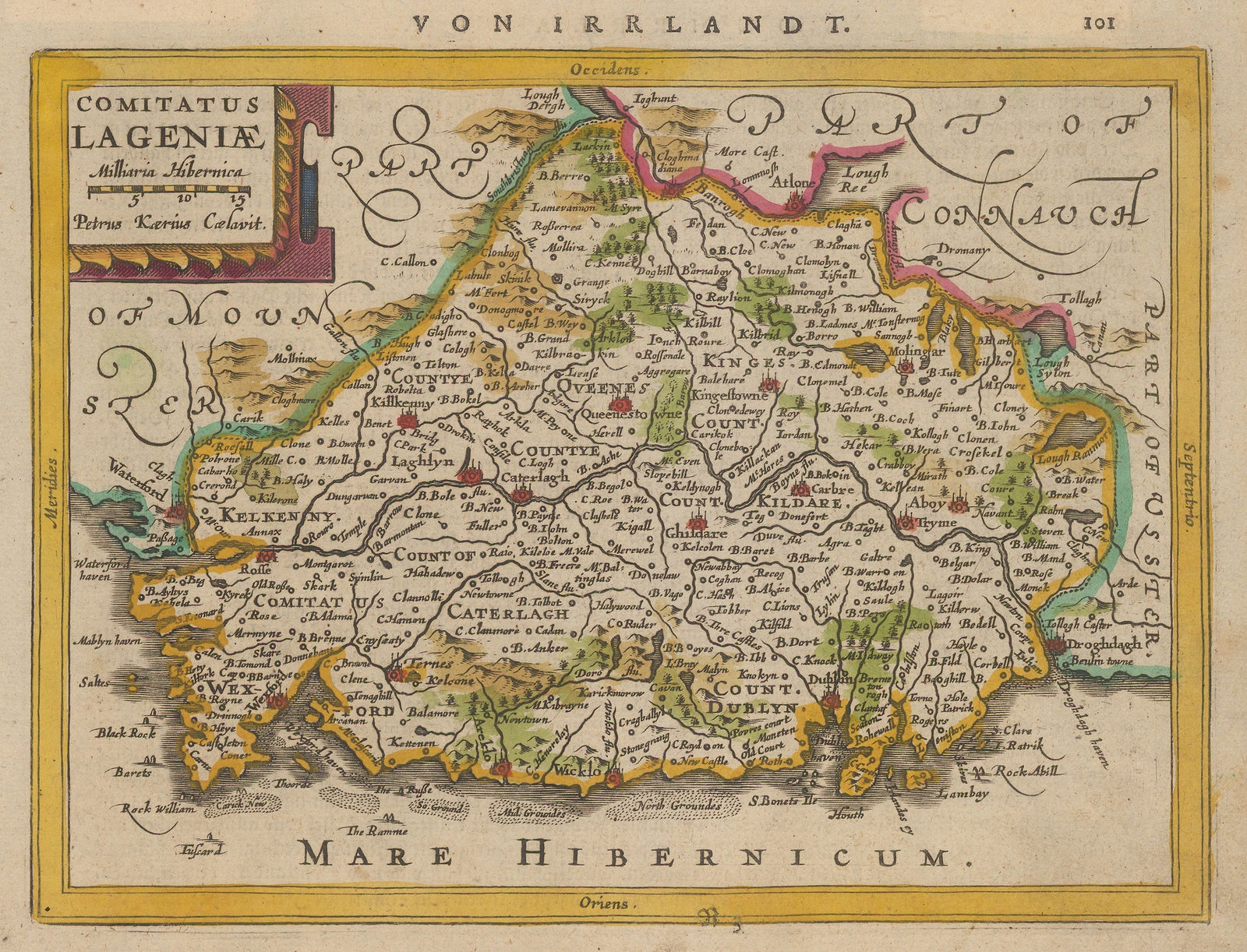 Mercator Hondius, Early miniature map of the Kingdom of Leinster, 1630 c.