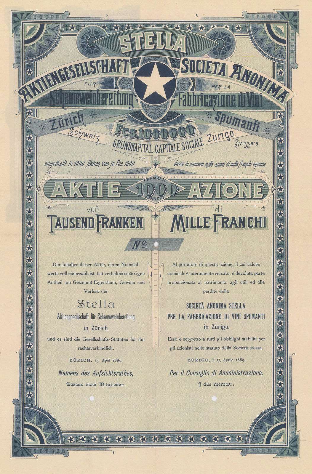 Orell Fussli & Co, Stocks & Bonds - Switzerland, Stella, 1889
