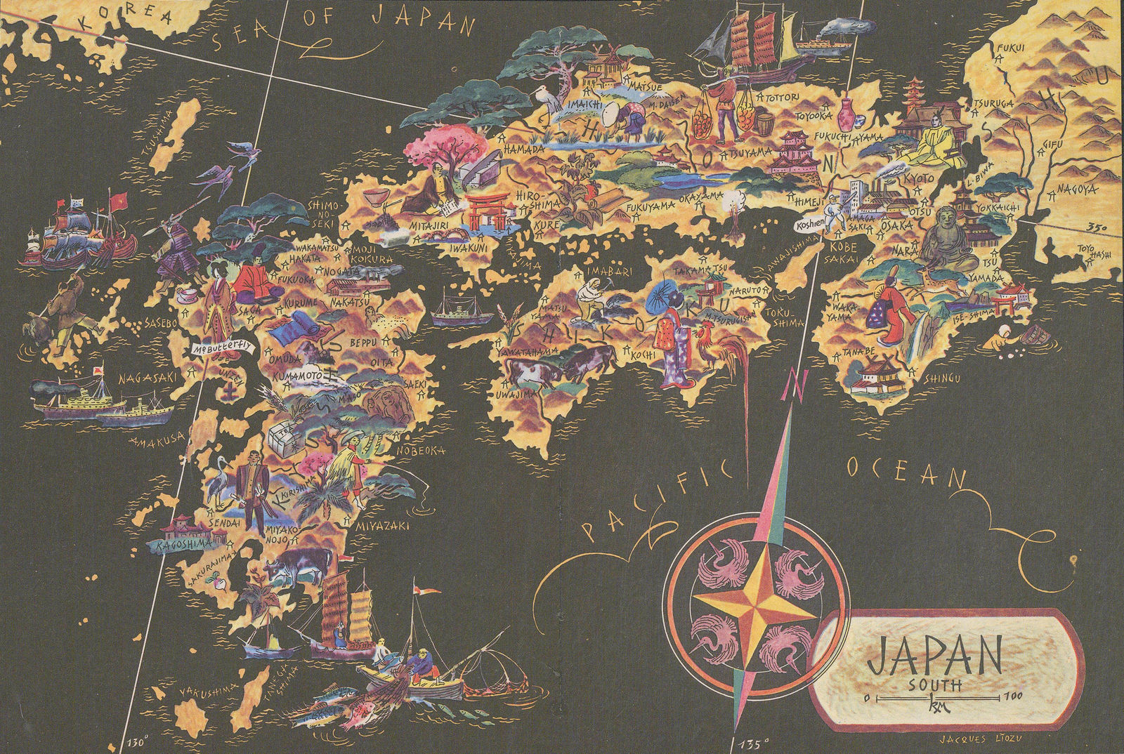 Jacques Liozu, Pictorial map of Japan, 1950 c
