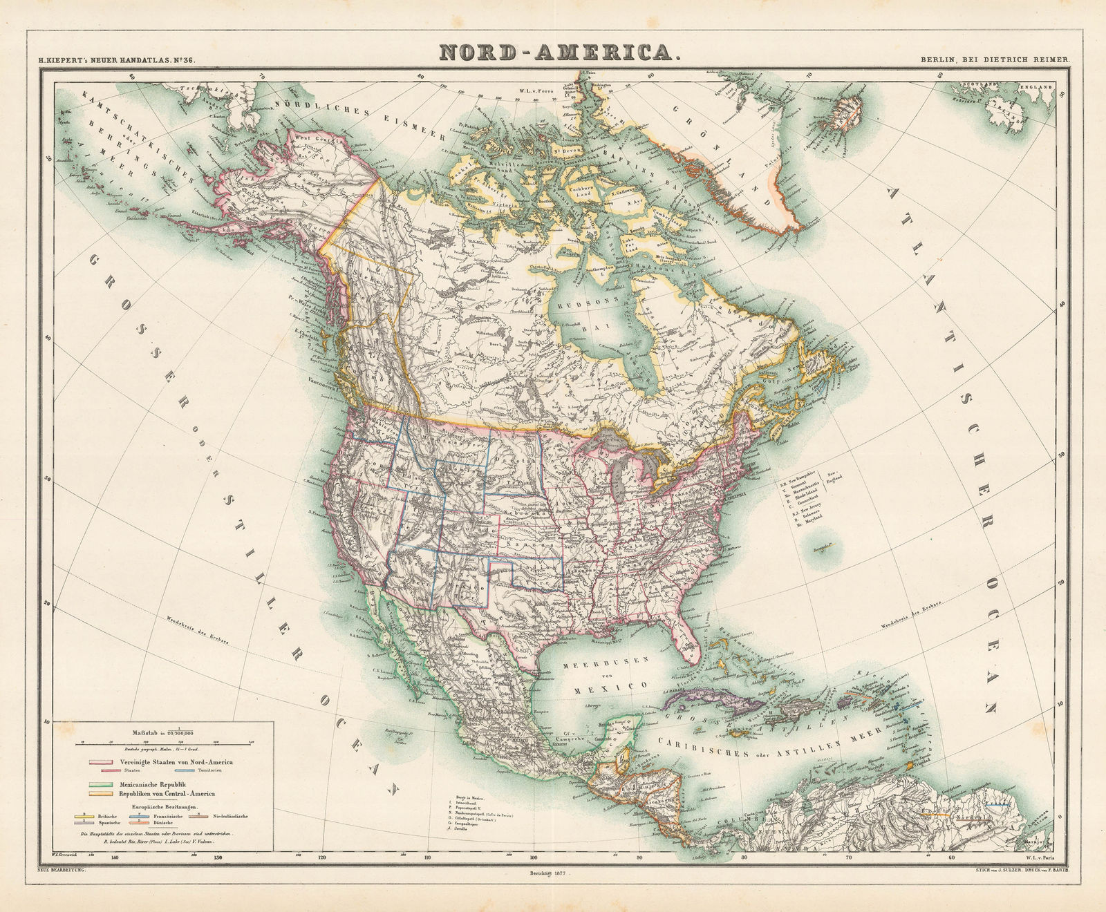 Heinrich C. Kiepert, North America with political borders, 1877