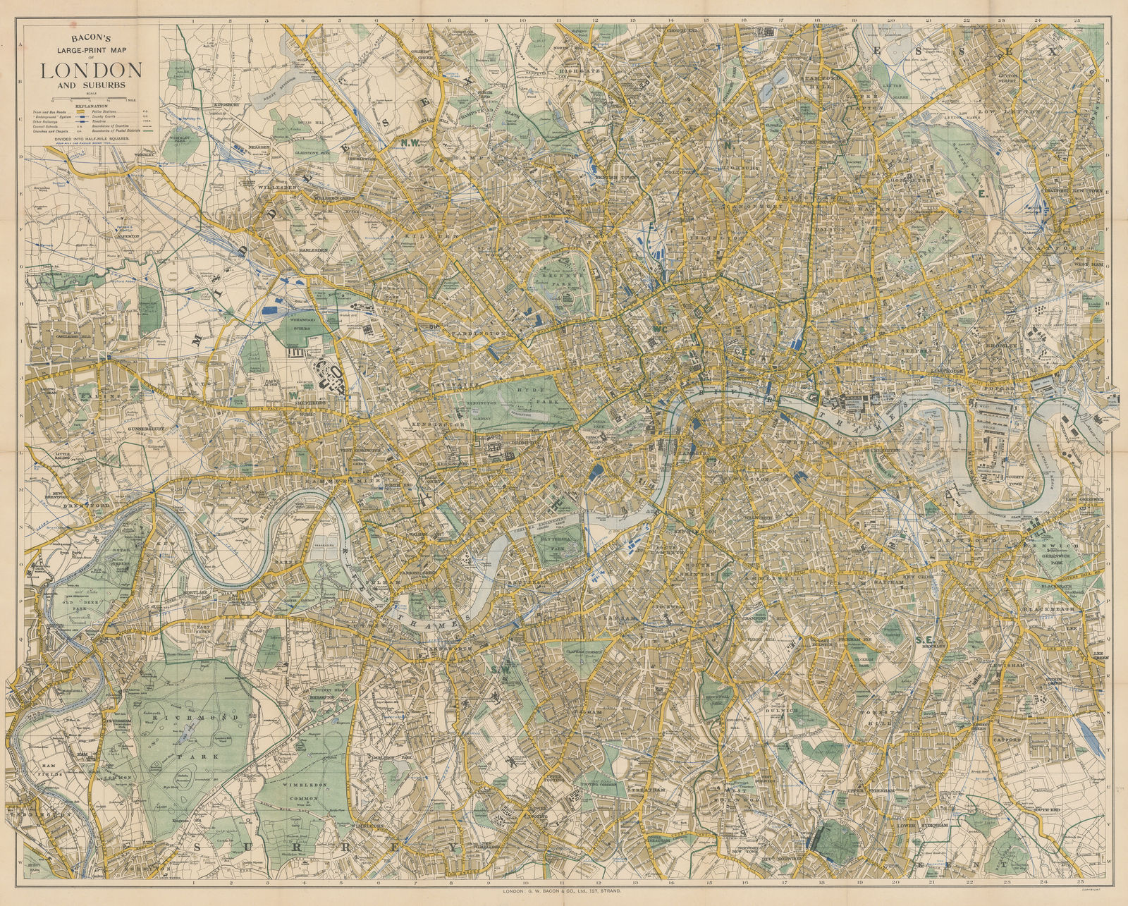 George W. Bacon, Bacon's Large-Print Map of London and Suburbs, 1905 c