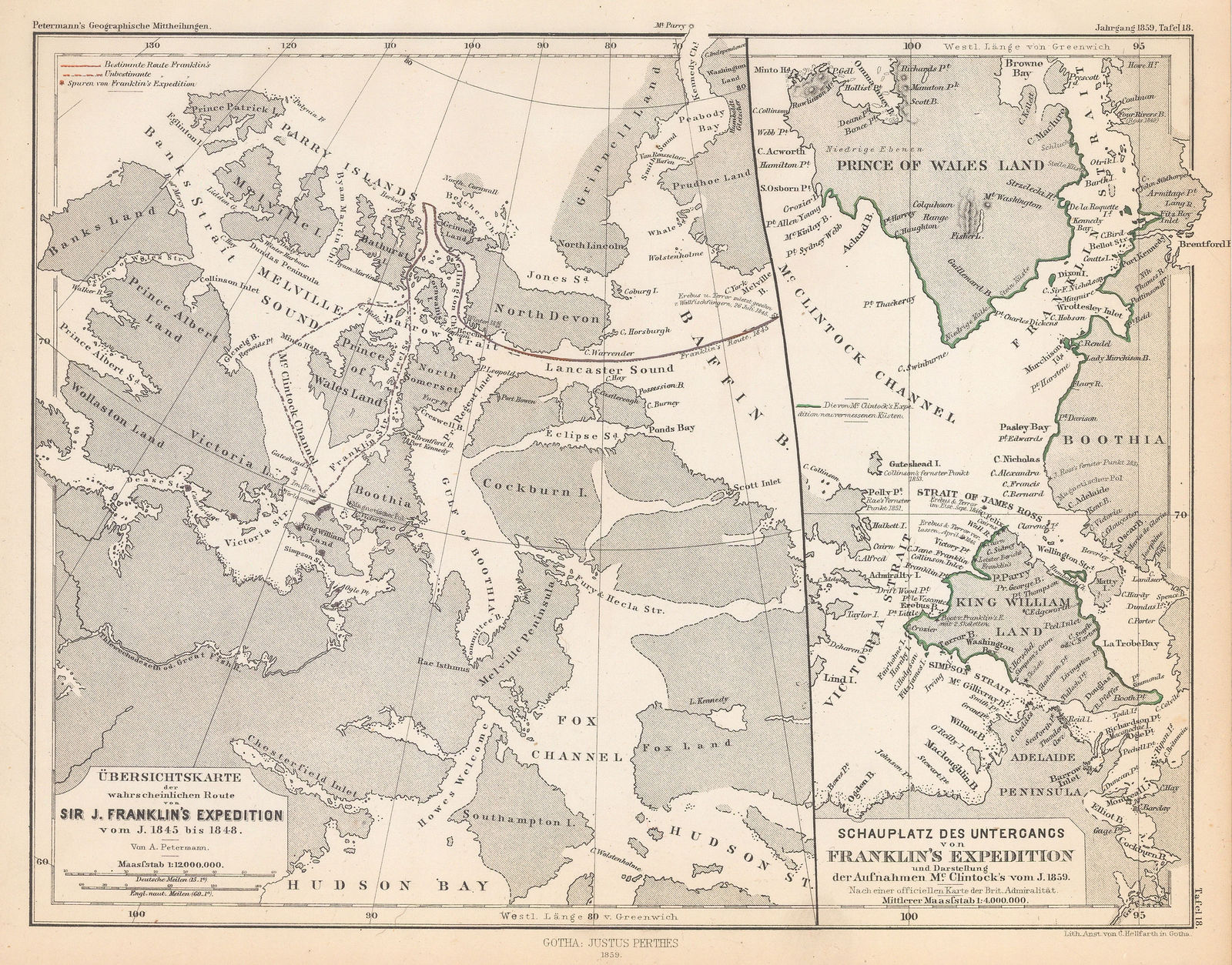 Justus Perthes, Übersichtskarte der wahrscheinlichen Route von Sir J. Franklin's Expedition, 1859