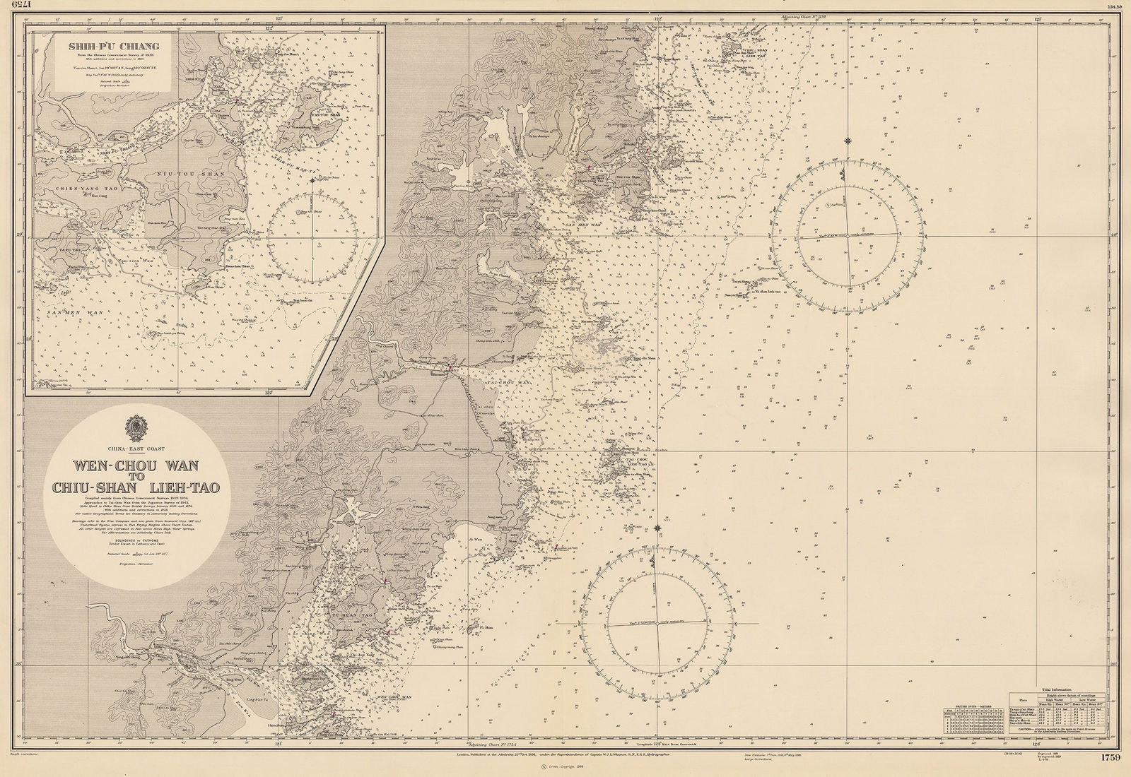 British Admiralty, Wen-Chou Wan to Chiu-Shan, Lieh- Tao, 1959