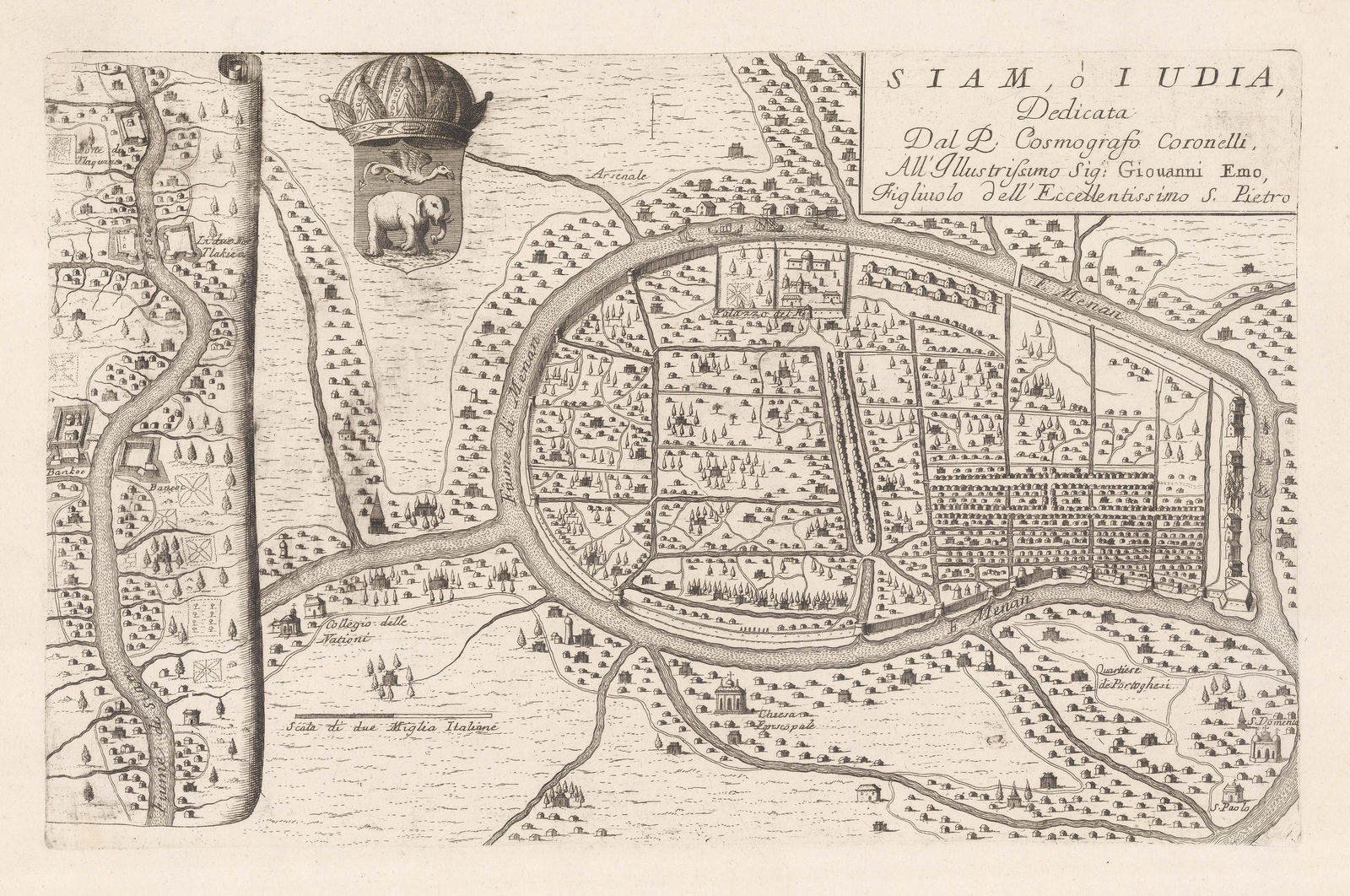 Vincenzo Coronelli, Famous plan of Ayutthaya (Iudia), Thailand, 1695