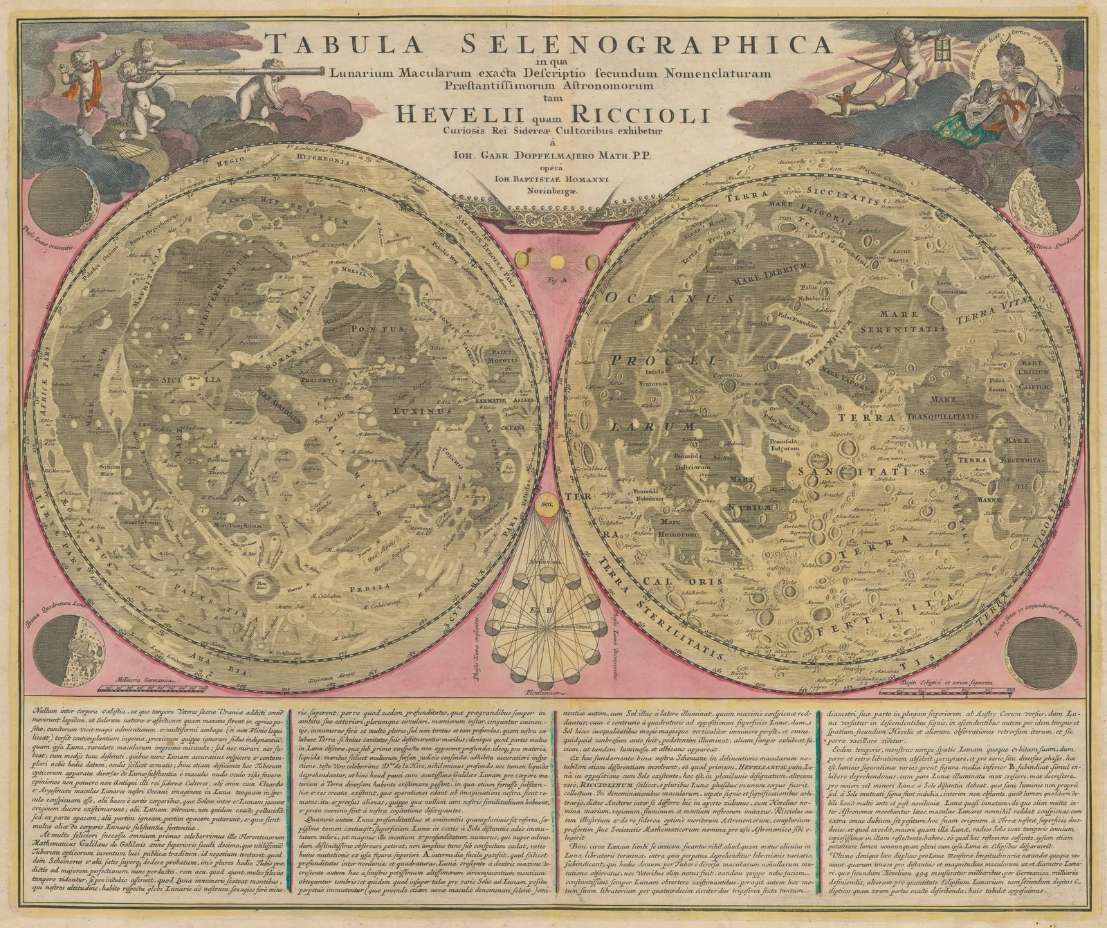 Johann Baptist Homann, The Moon according to Hevelius and Riccioli, 1710 c.