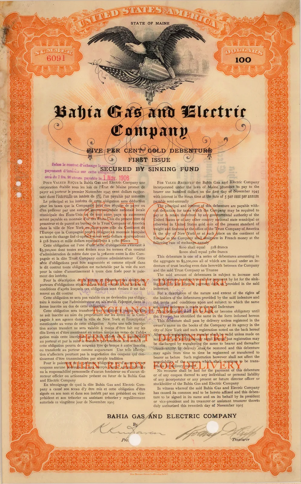Broun-Green Co., Stocks & Bonds - USA, Bahia Gas and Electric Company, 1905