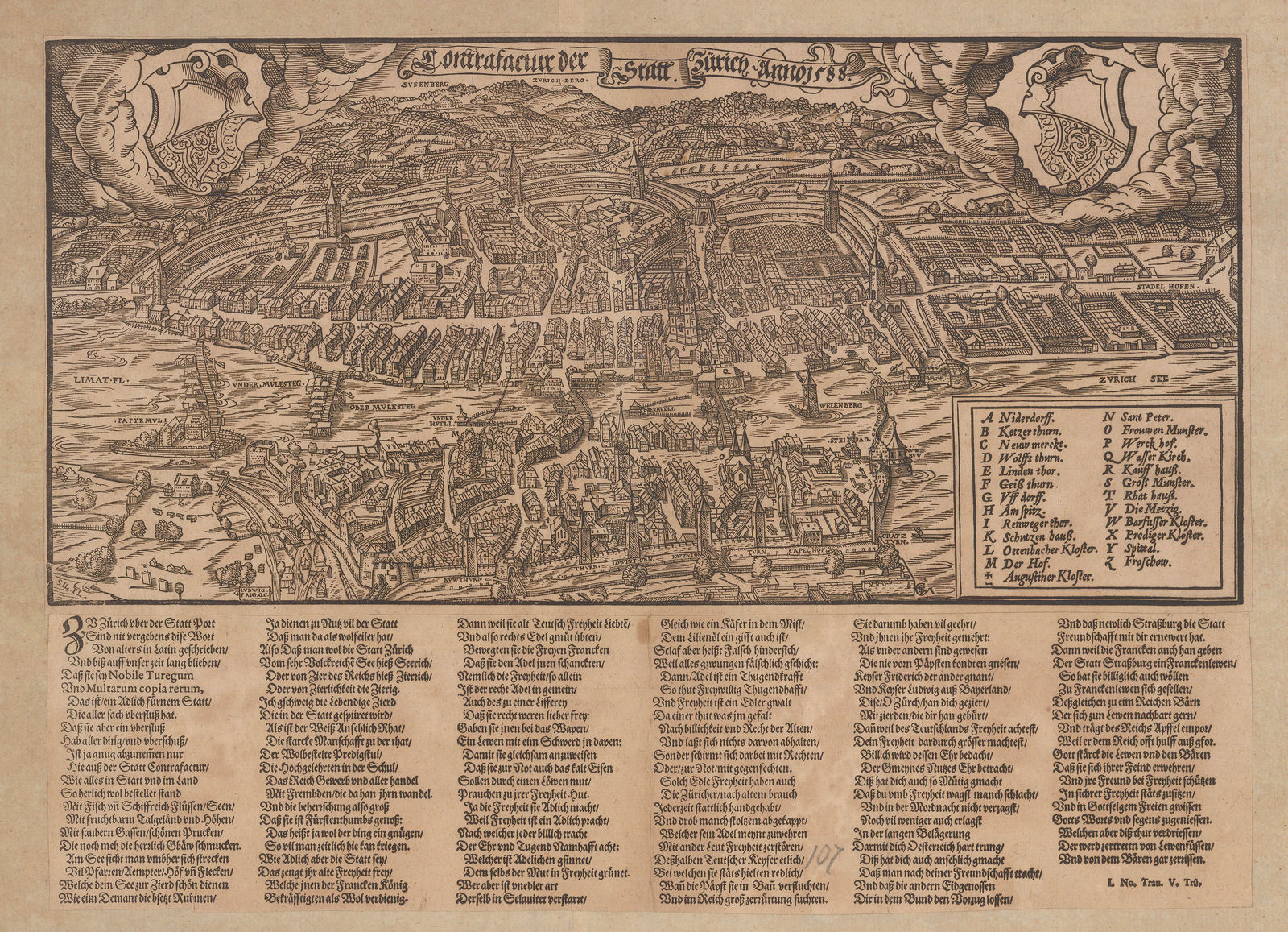 Ludwig Fryg, Early woodcut plan of Zurich, 1588 c.